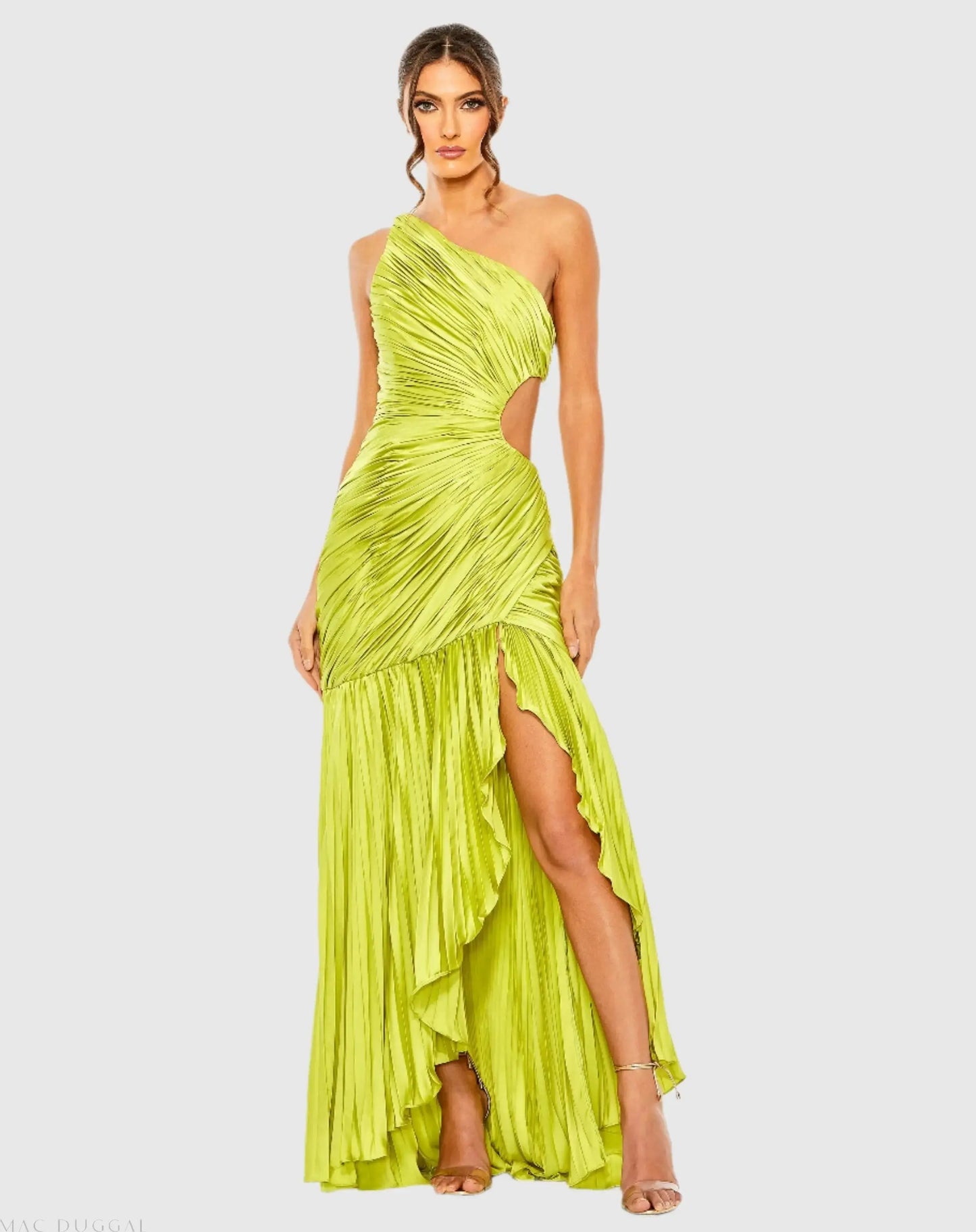 Green Side Cut-Out One-Shoulder Pleated Gown - Mac Duggal
