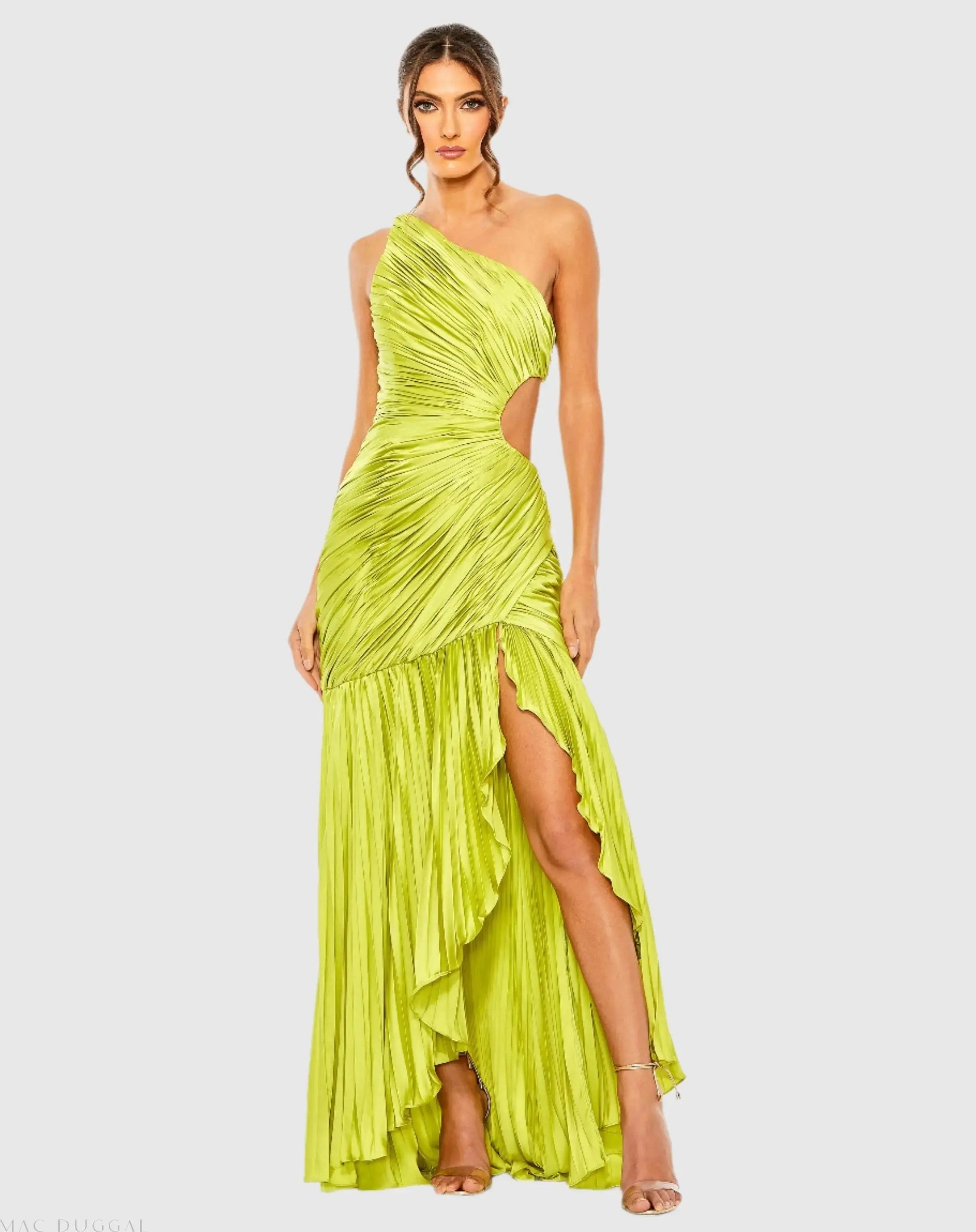 Green Side Cut-Out One-Shoulder Pleated Gown - Mac Duggal