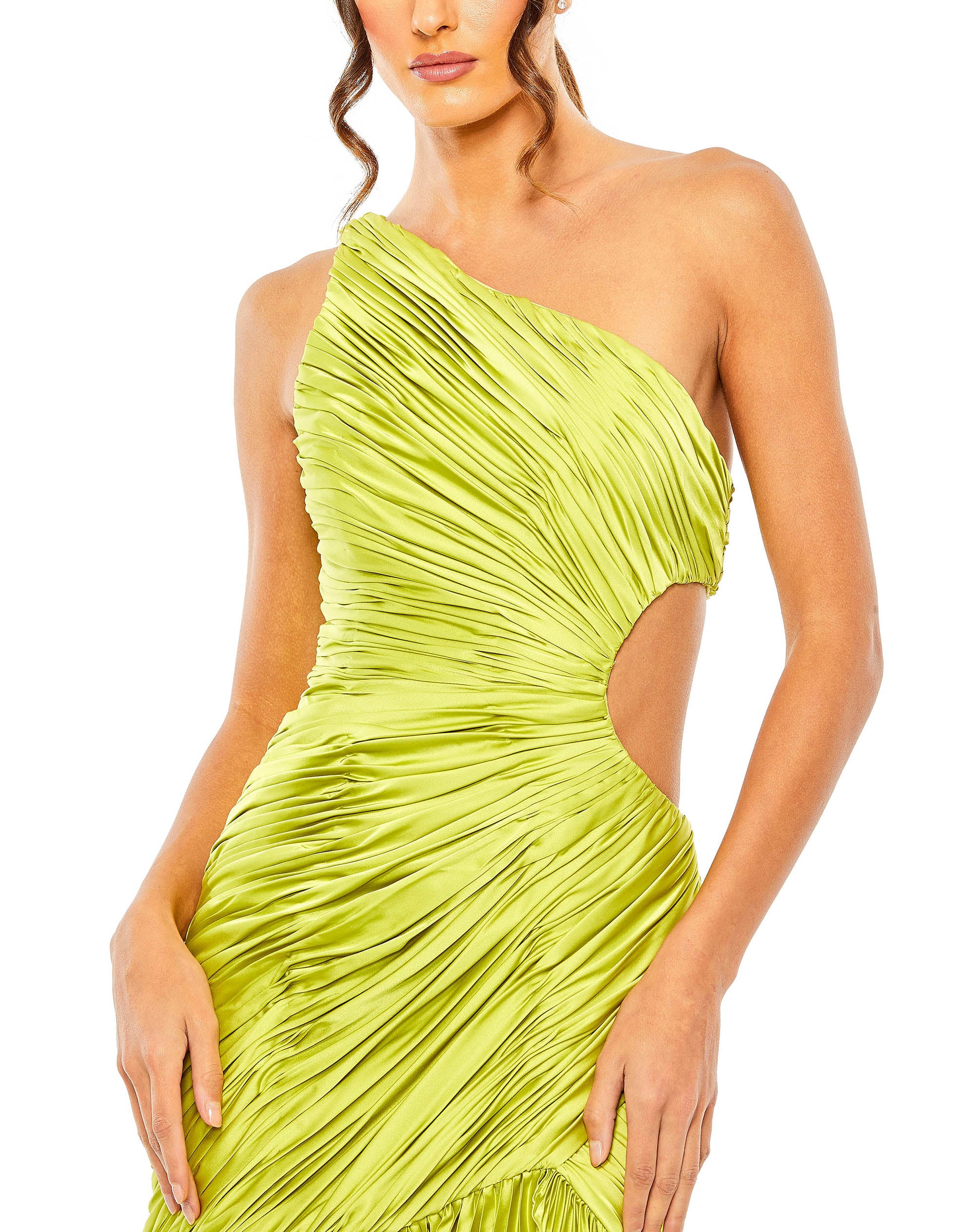 Side Cut-Out One-Shoulder Pleated Gown