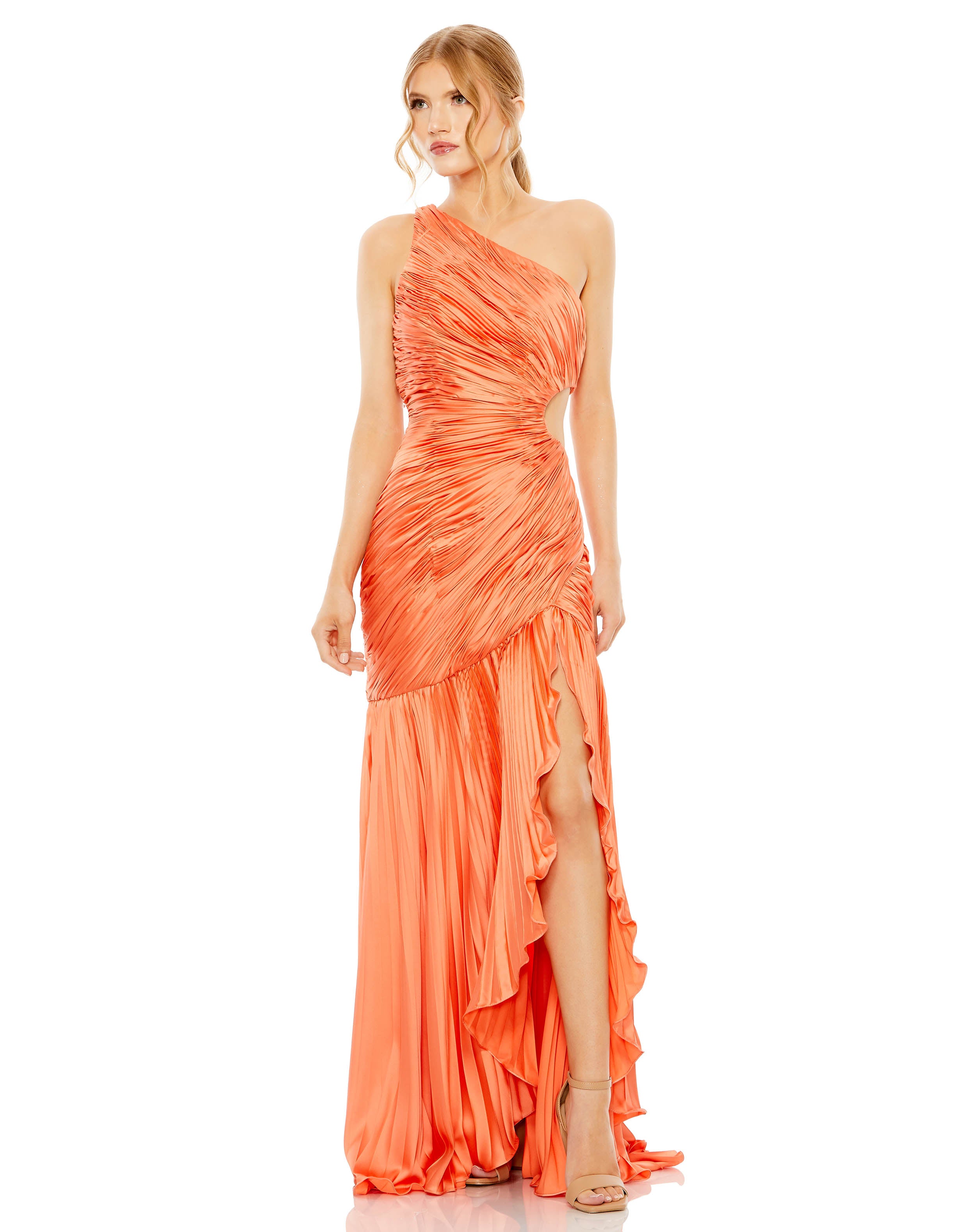 Side Cut-Out One-Shoulder Pleated Gown