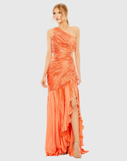 Side Cut-Out One-Shoulder Pleated Gown