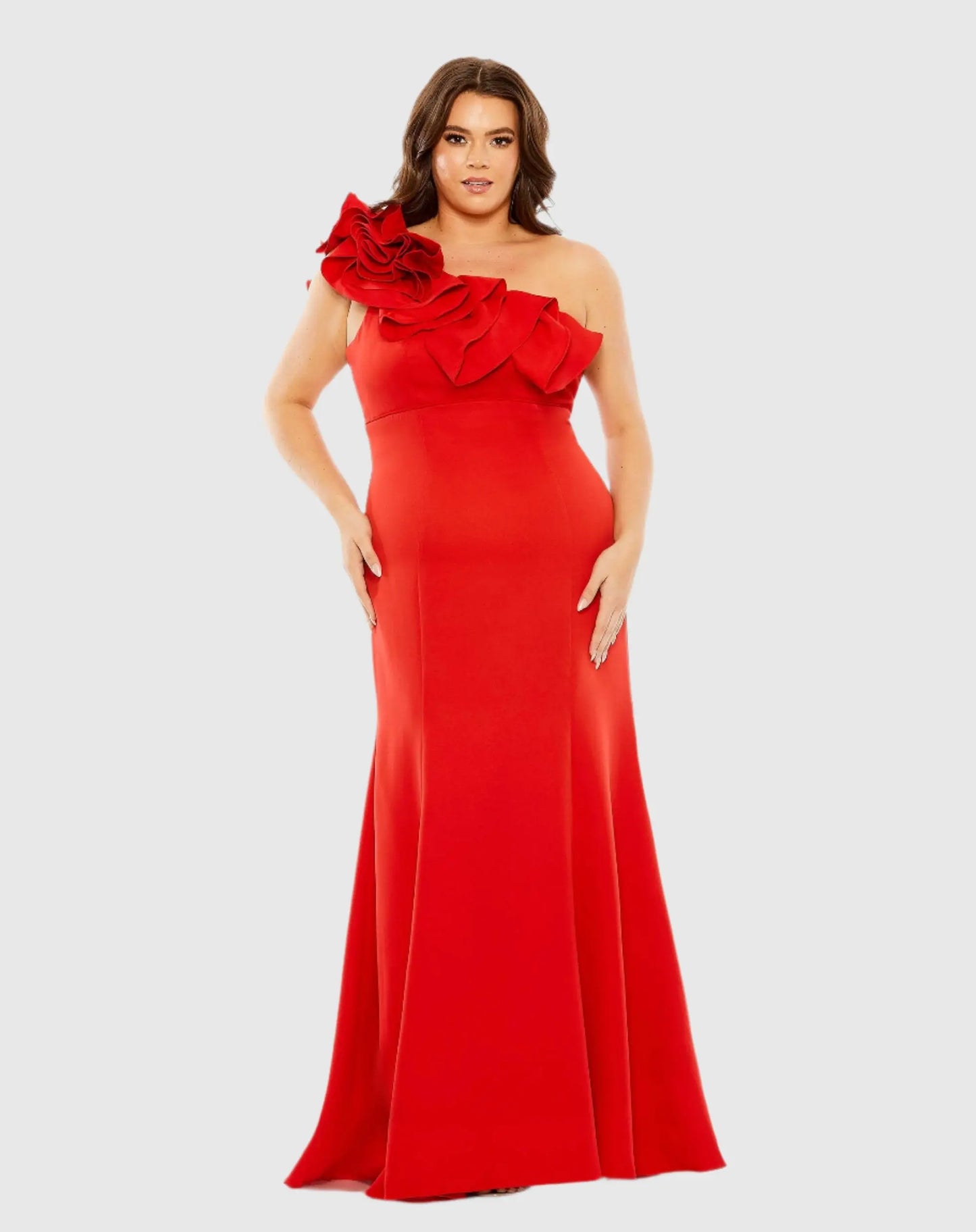 Red One Shoulder Ruffle Detailed Gown (Plus) - FINAL SALE - Mac Duggal
