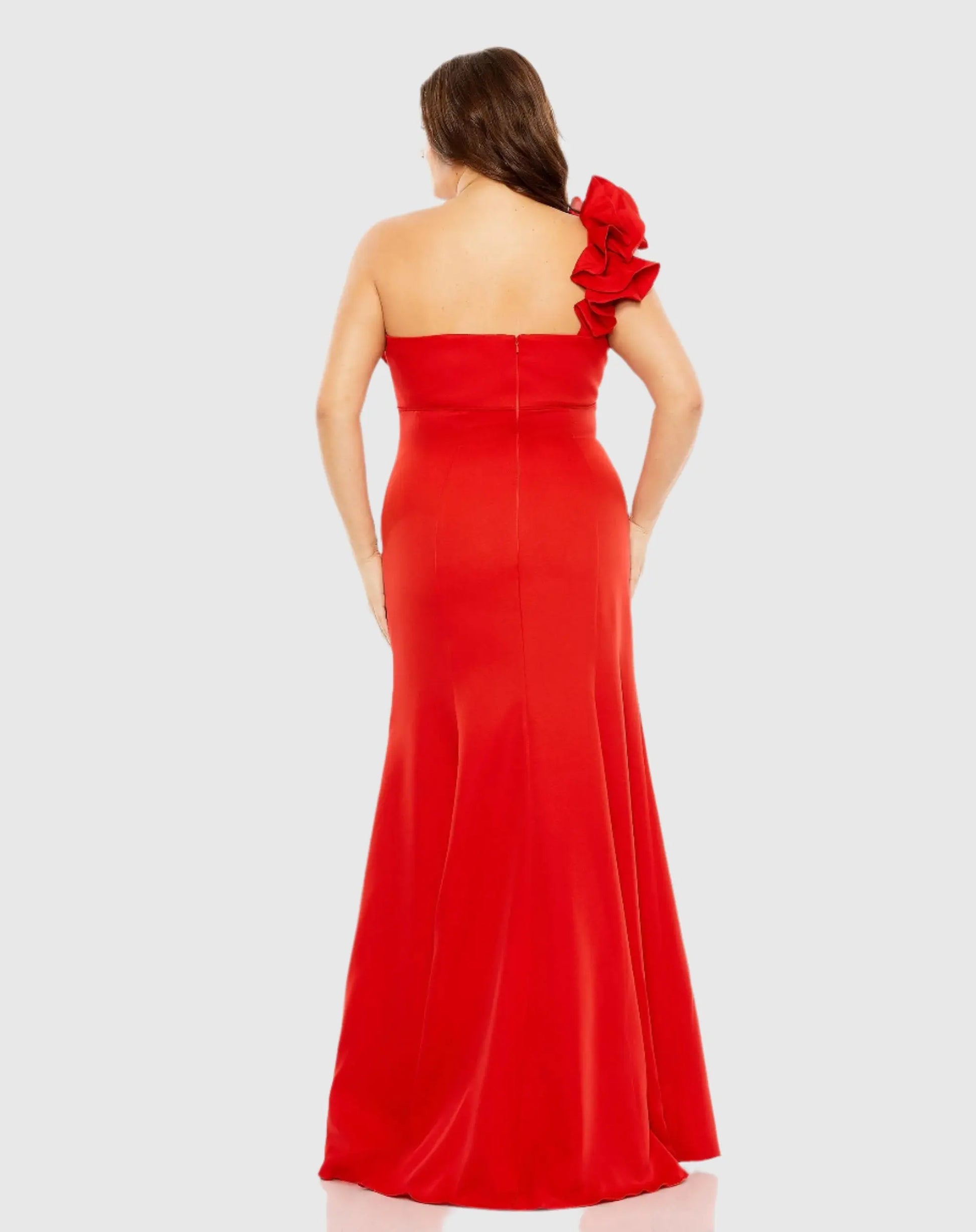 Red One Shoulder Ruffle Detailed Gown (Plus) - FINAL SALE - Mac Duggal