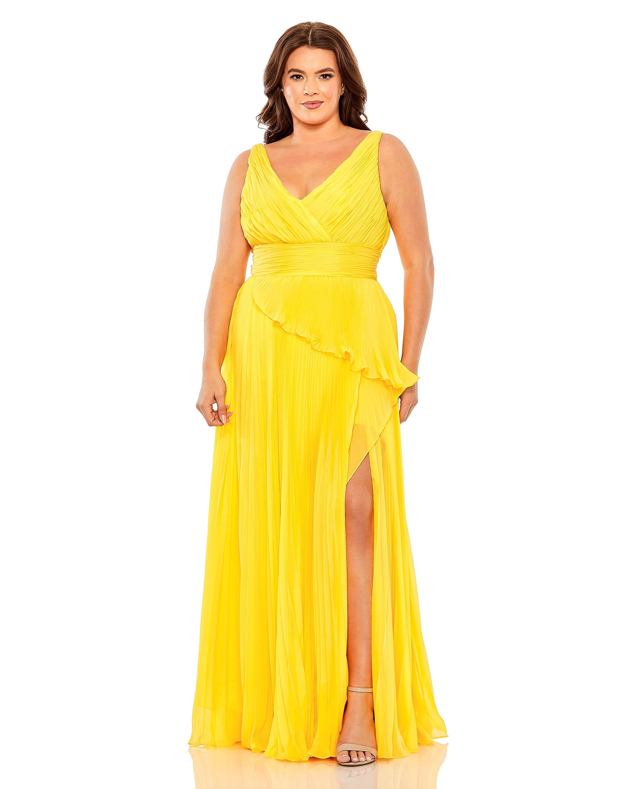 Chiffon Pleated V-Neck Ruffle Gown (Plus) - FINAL SALE