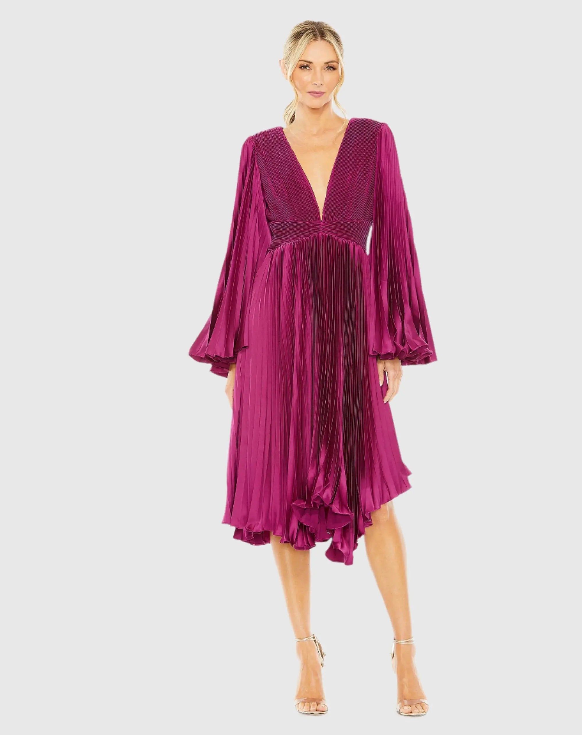 Purple Long Flare Sleeve Pleated Dress - Mac Duggal