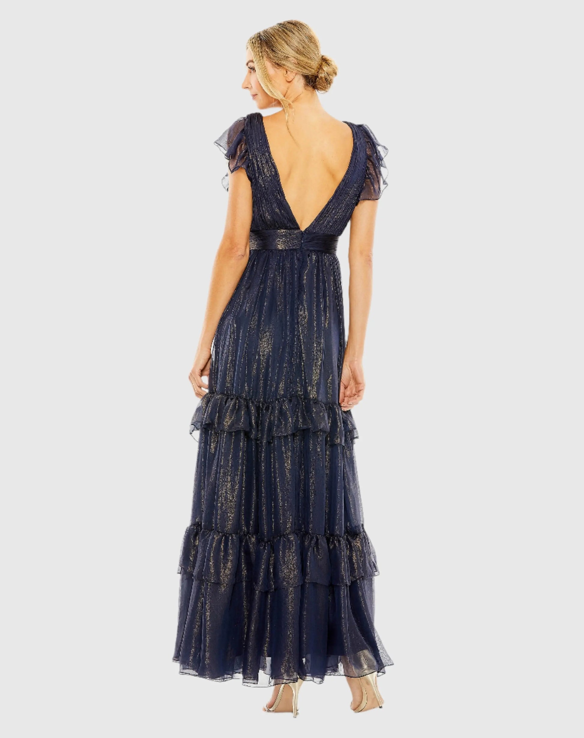 Ruched Top Flutter Sleeve Deep V Gown - Mac Duggal