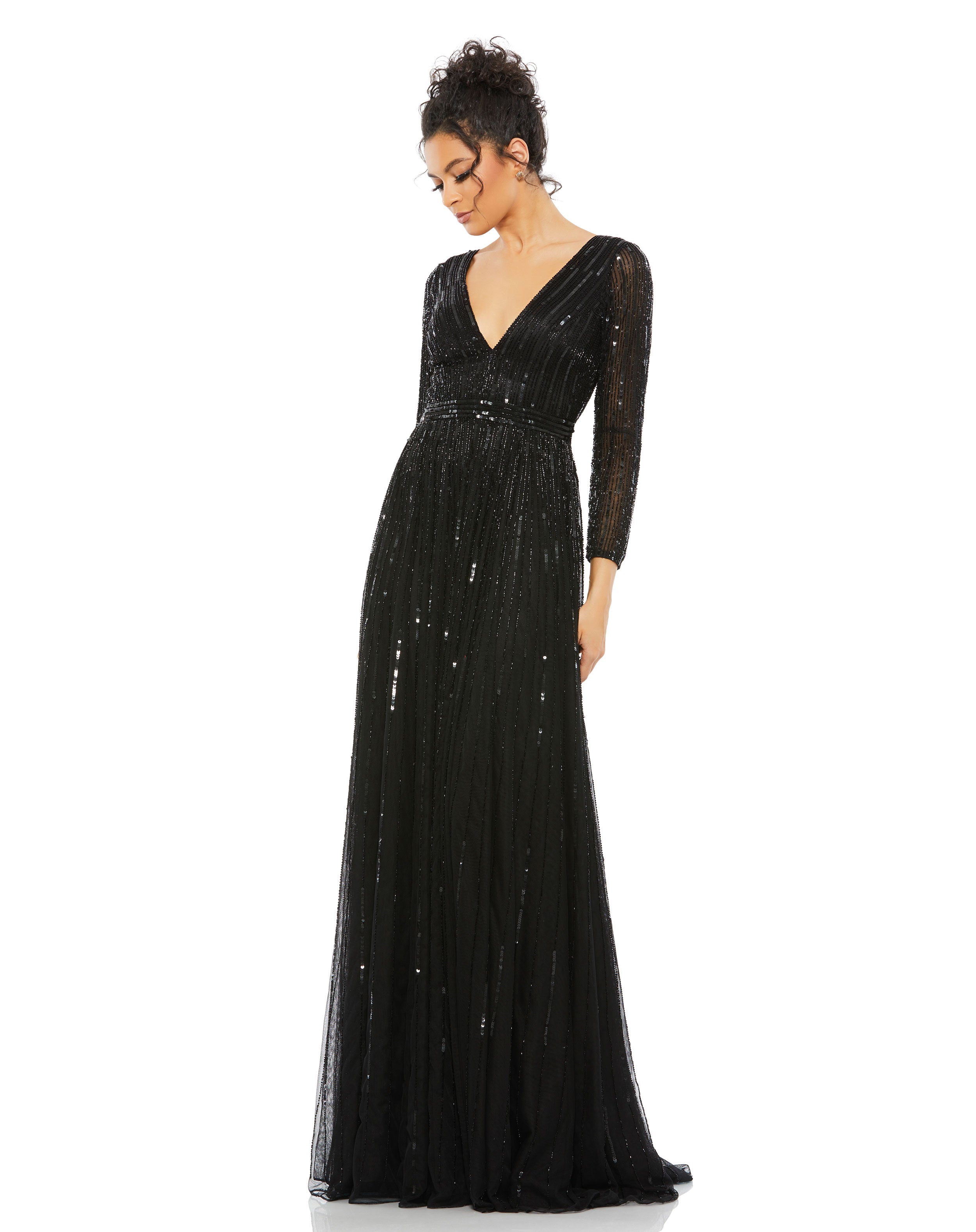 Sequined Long Sleeve Plunging V-Neck Gown
