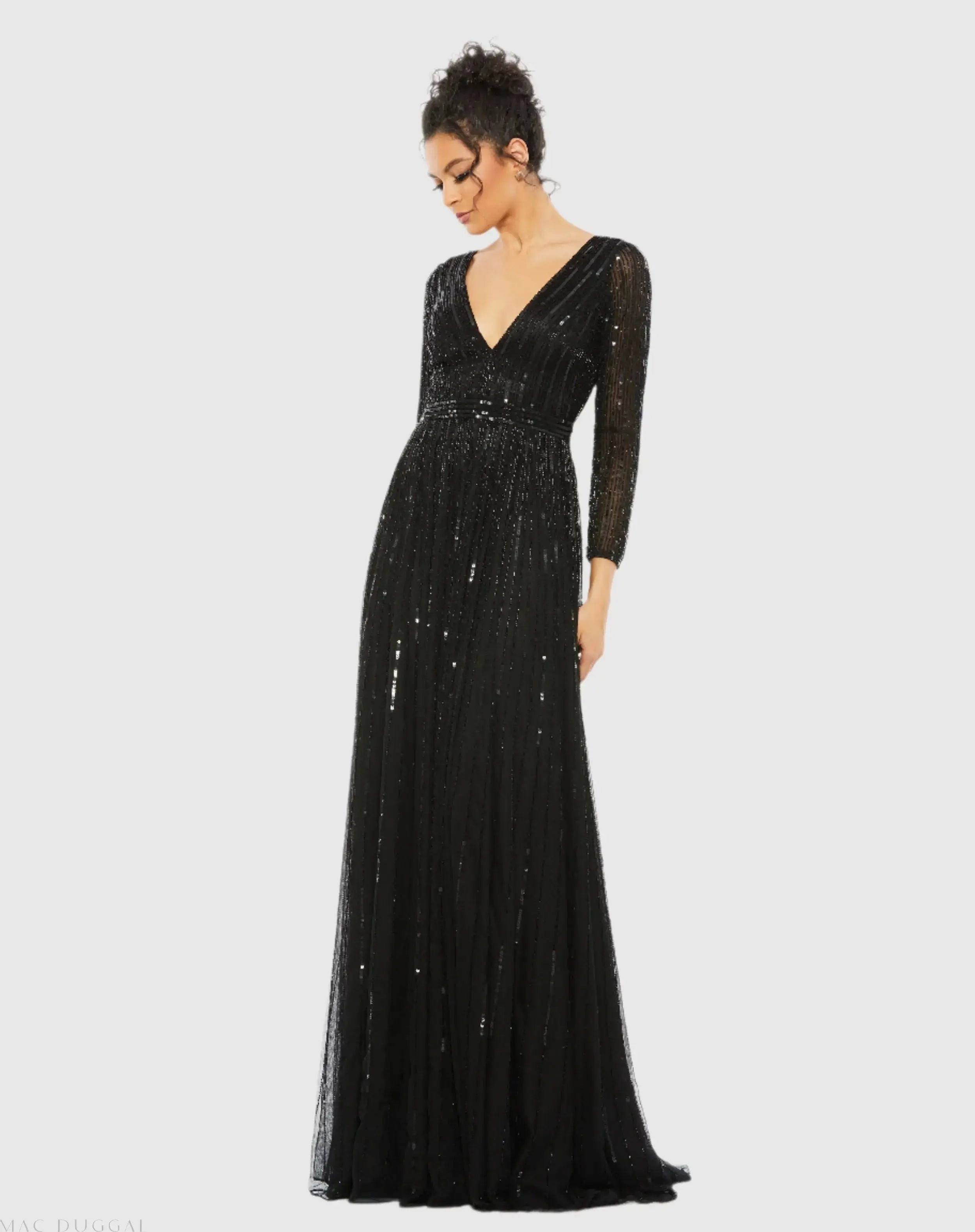 Black Sequined V Neck Illusion Sleeve A Line Gown