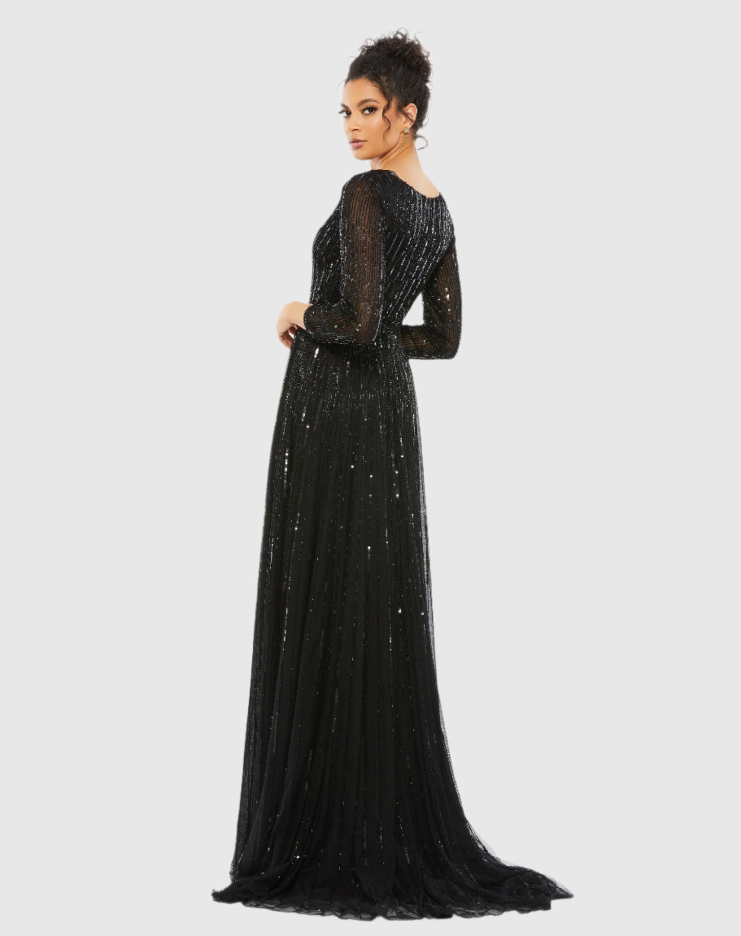 Sequined V Neck Illusion Sleeve A Line Gown