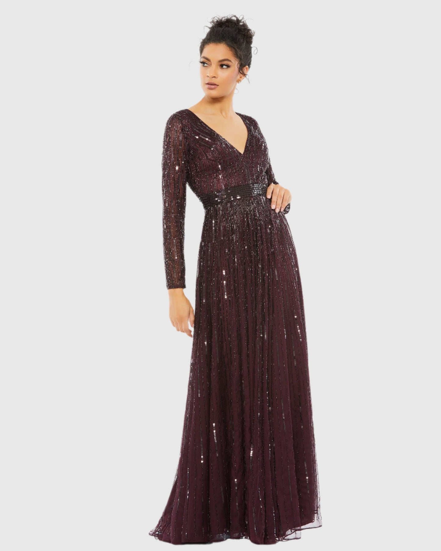 Sequined V Neck Illusion Sleeve A Line Gown