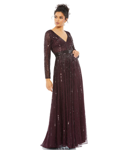 Sequined V Neck Illusion Sleeve A Line Gown – Mac Duggal