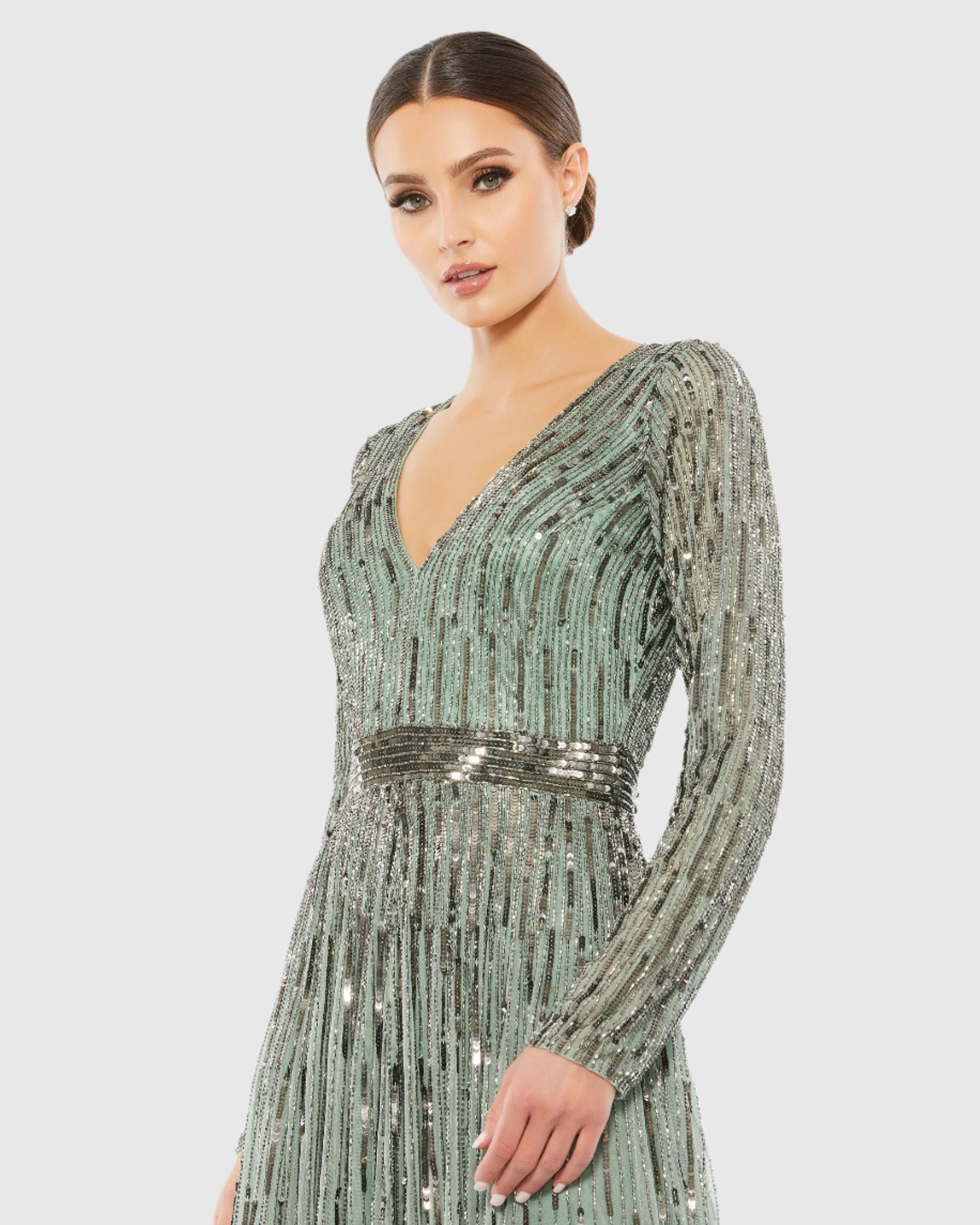 Sequined V Neck Illusion Sleeve A Line Gown