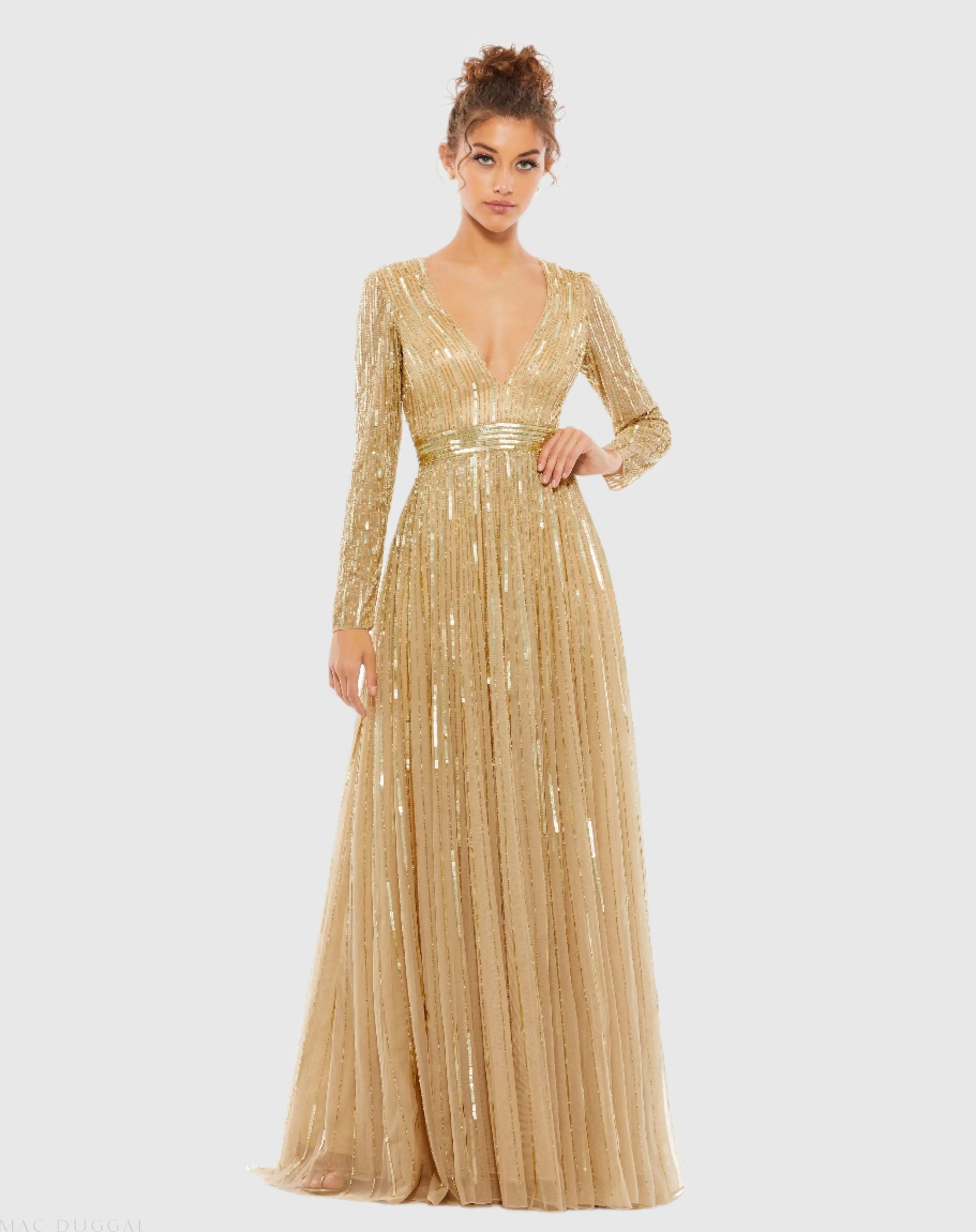 Gold Sequined V Neck Illusion Sleeve A Line Gown | Mac Duggal Gold Sequined V Neck Illusion Sleeve A Line Gown | Mac Duggal