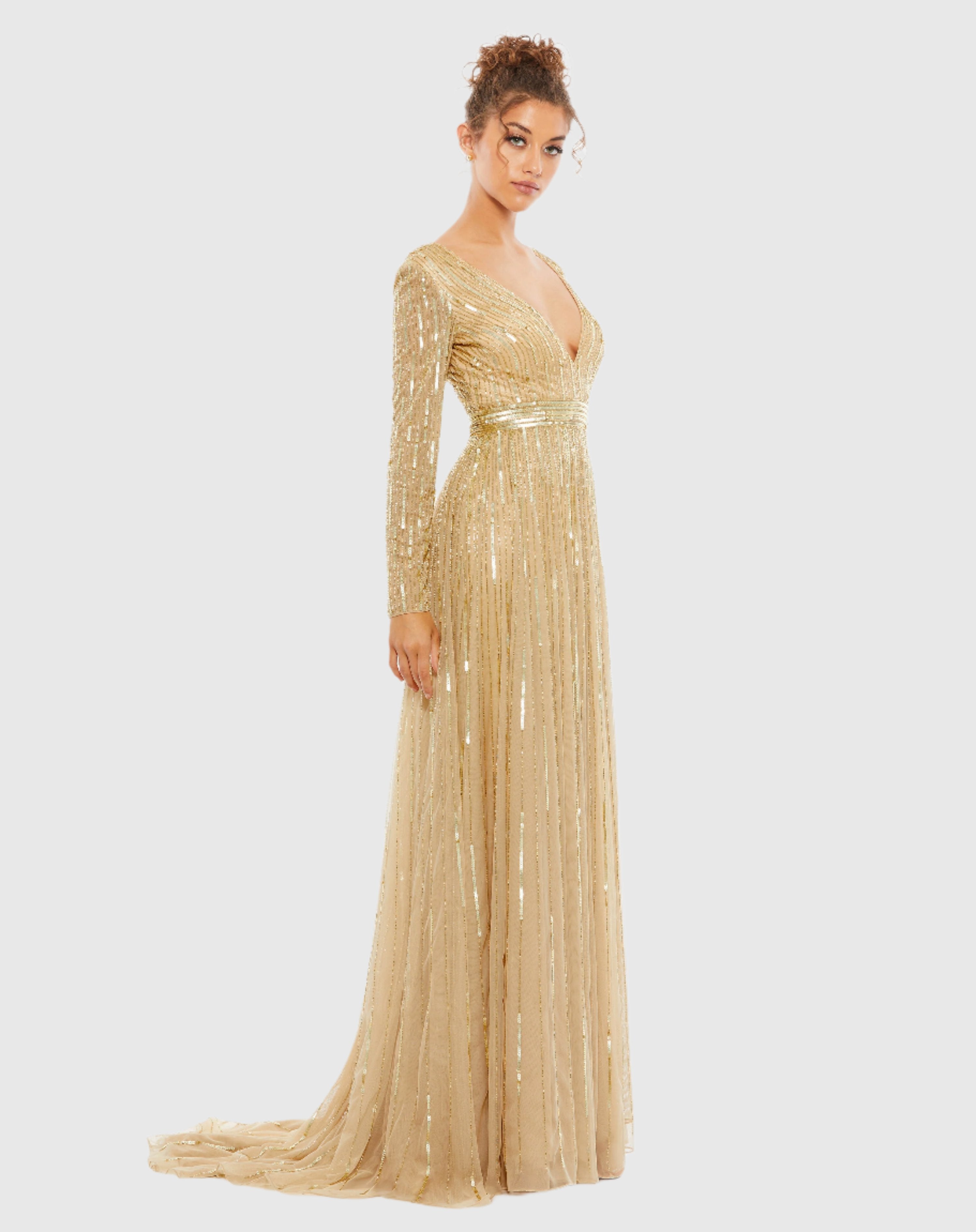Gold Sequined V Neck Illusion Sleeve A Line Gown Mac Duggal
