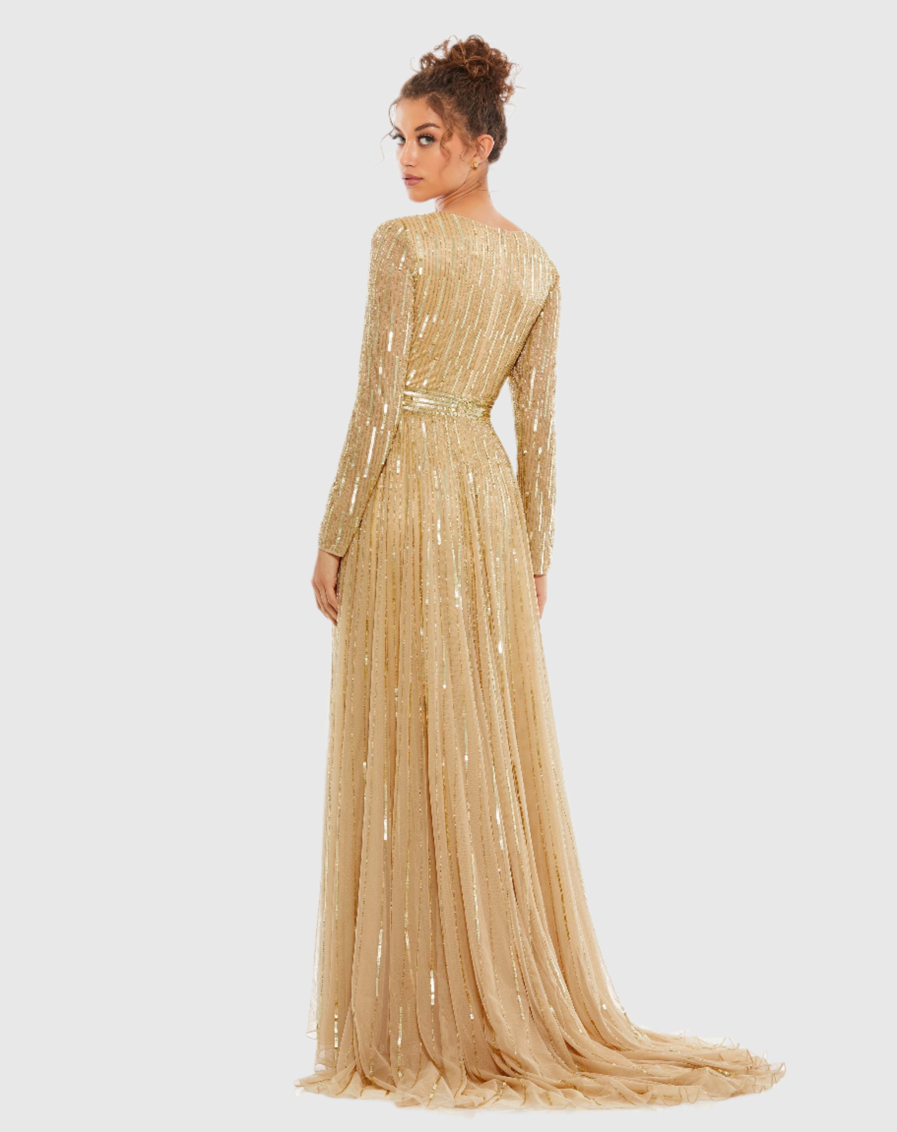 Gold Sequined V Neck Illusion Sleeve A Line Gown Mac Duggal