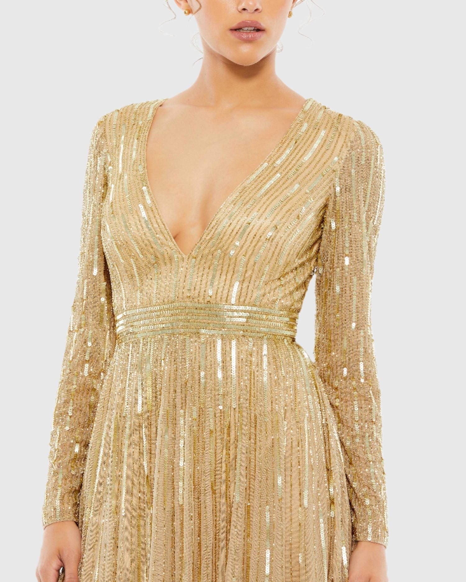 Gold Sequined V Neck Illusion Sleeve A Line Gown | Mac Duggal Gold Sequined V Neck Illusion Sleeve A Line Gown | Mac Duggal