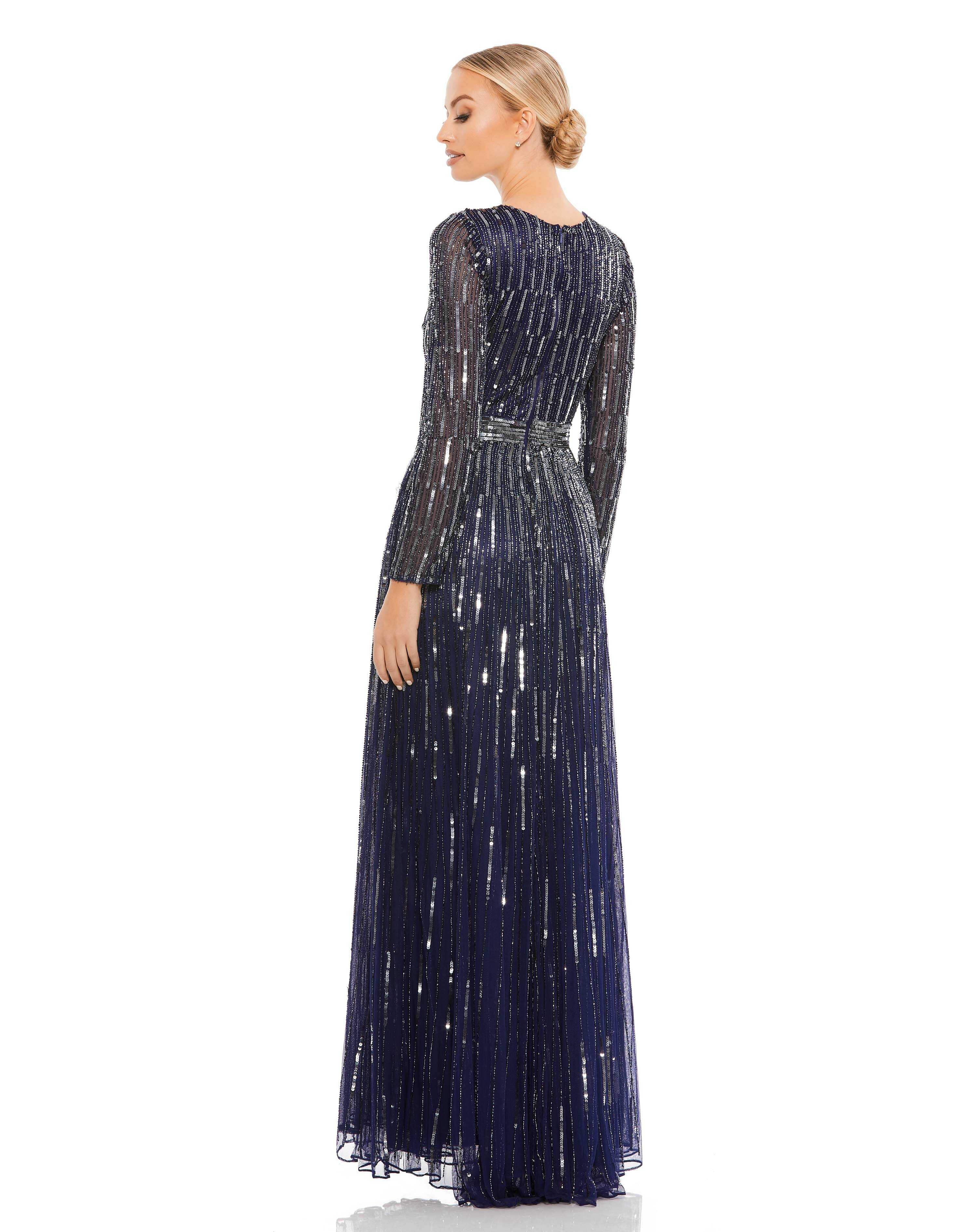 Sequined V Neck Illusion Sleeve A Line Gown