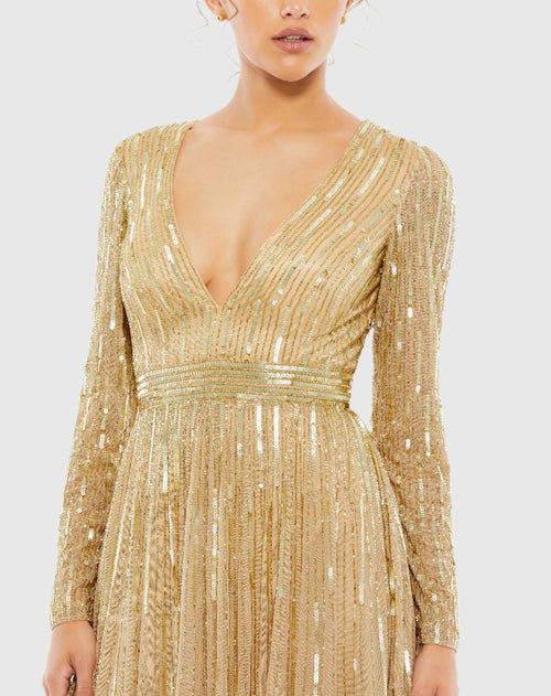 Sequined V Neck Illusion Sleeve A Line Gown