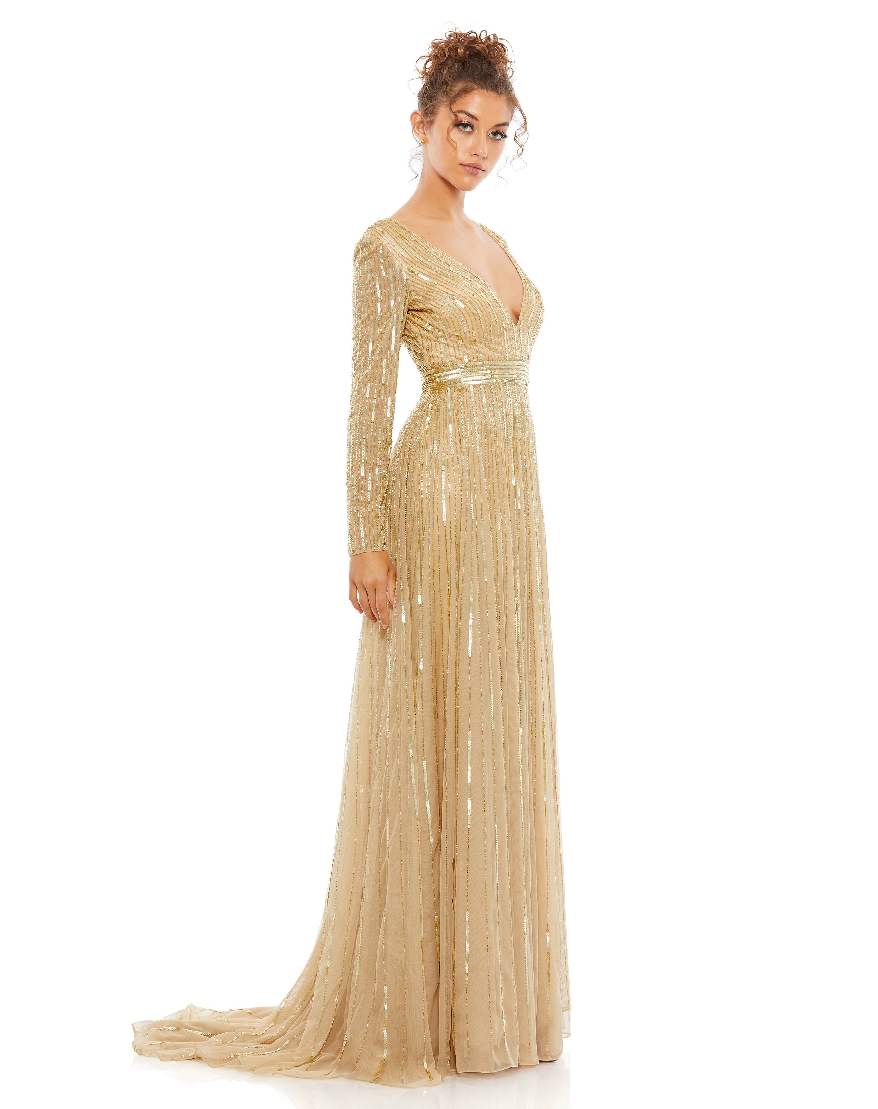 Sequined V Neck Illusion Sleeve A Line Gown