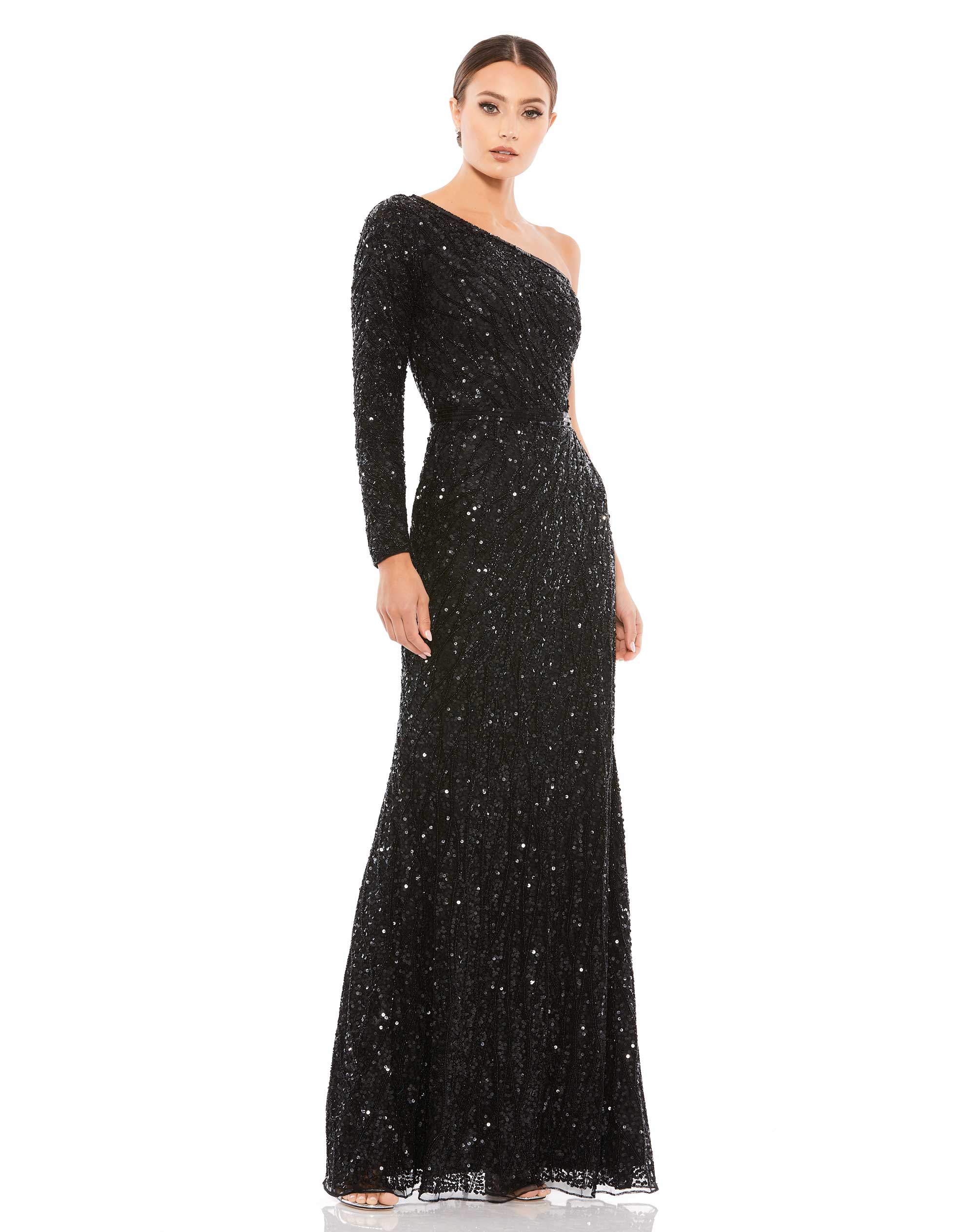 Embellished One Sleeve Gown w/ Sequin Belt