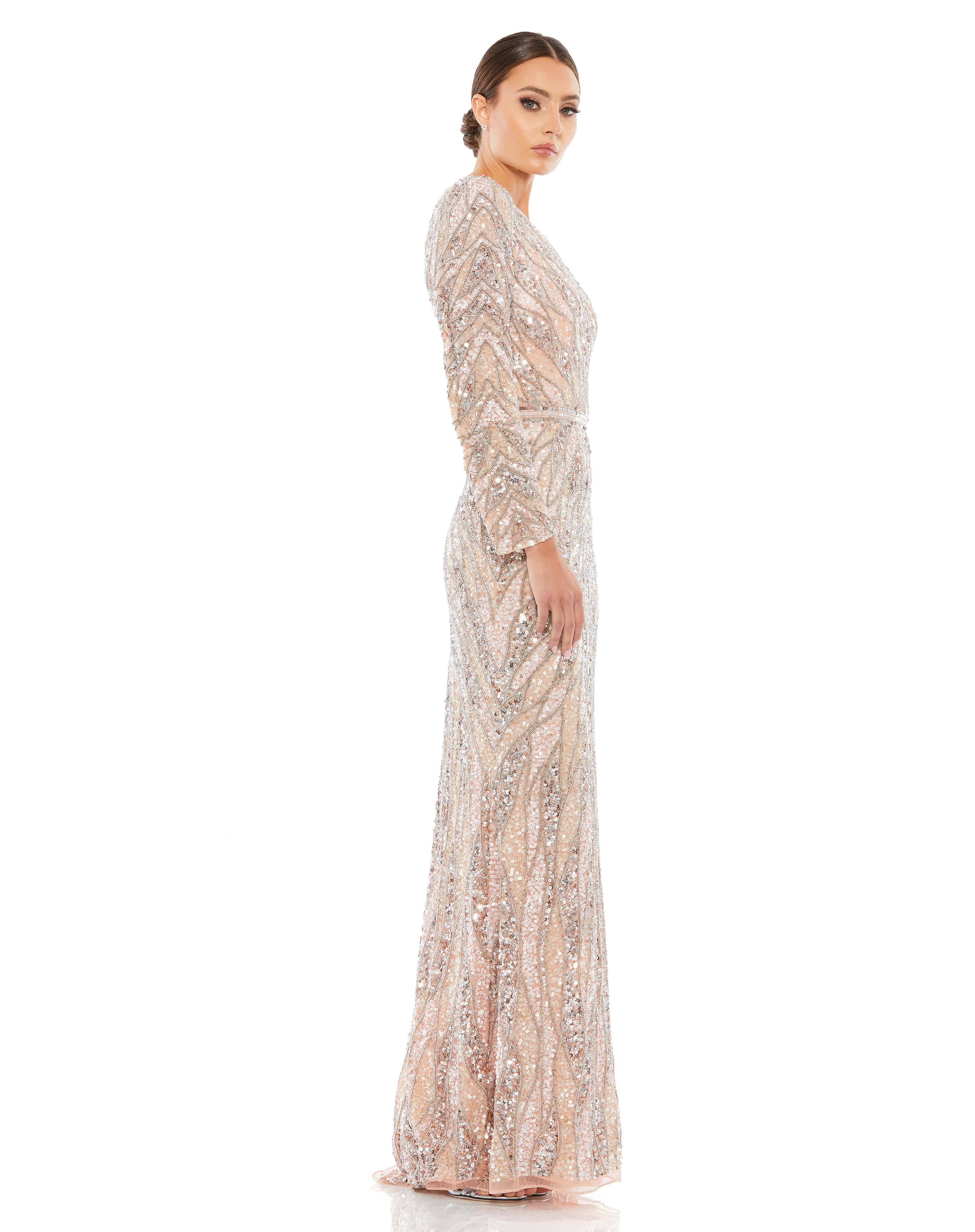 Embellished One Sleeve Gown w/ Sequin Belt