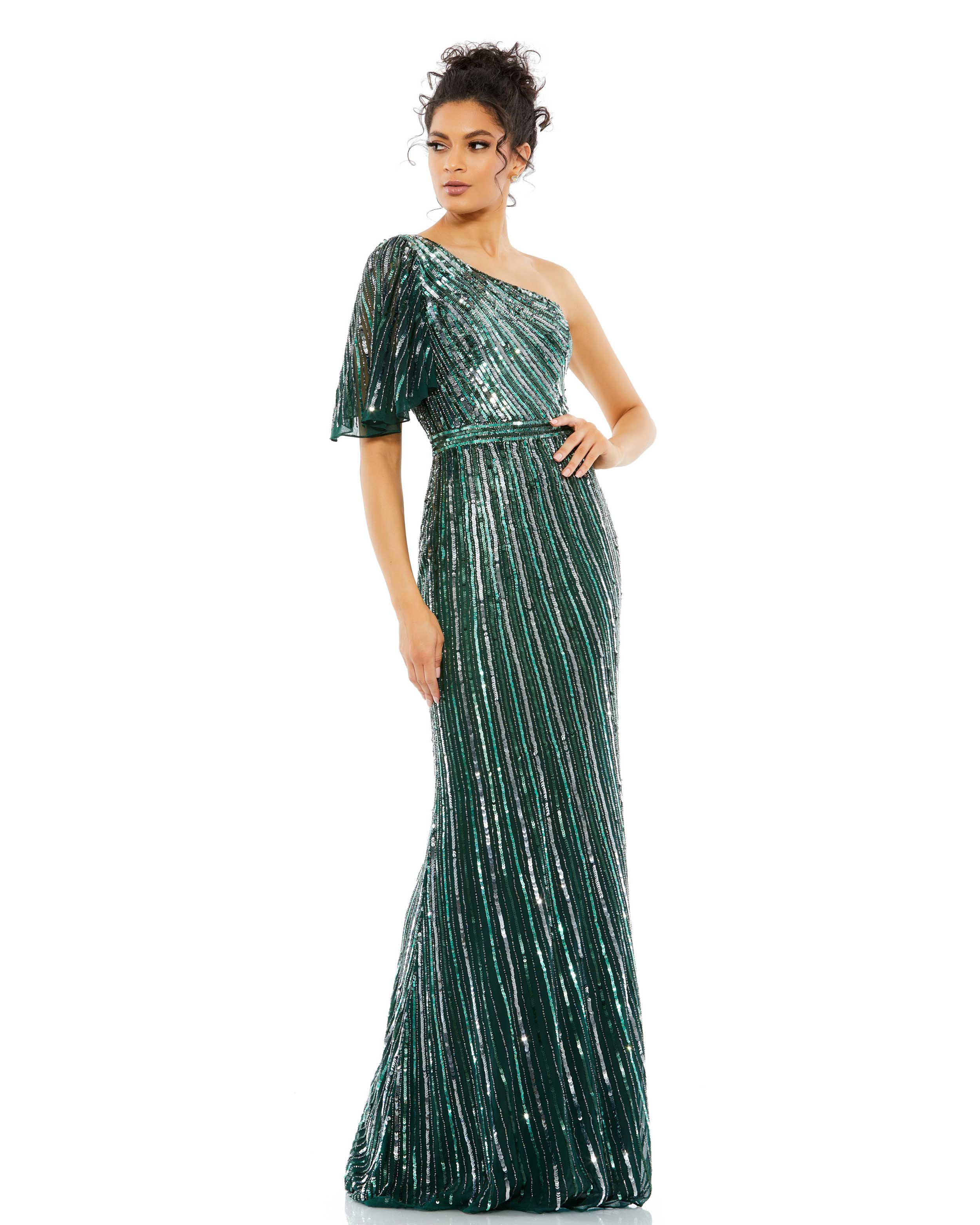 Two Tone Sequined One Shoulder Trumpet Gown