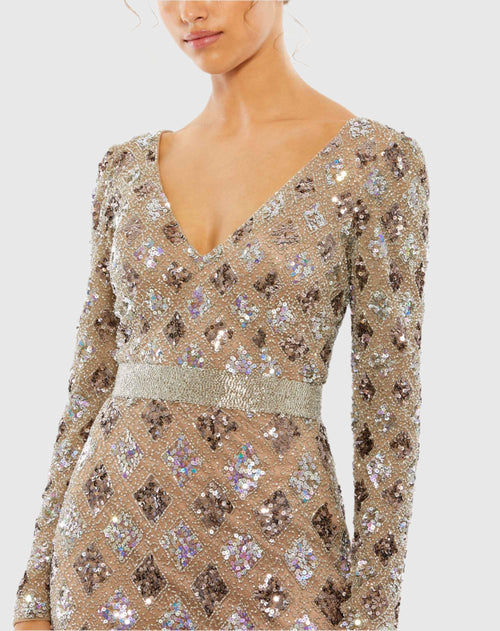 Geometric Embellished Mocha Evening Gown