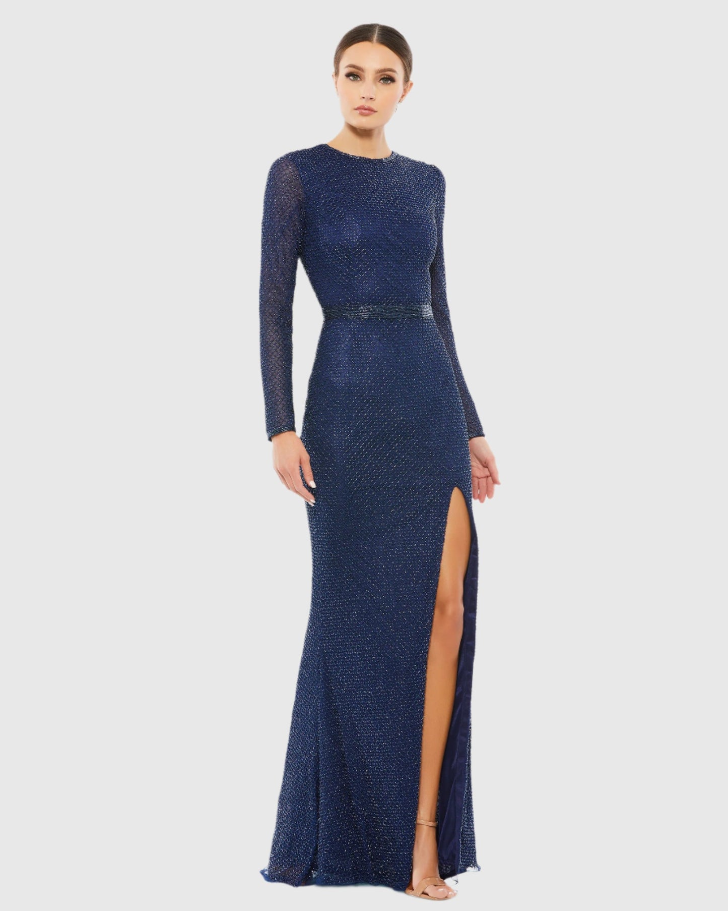 Beaded High Neck Long Sleeve Gown With Detailed Belt