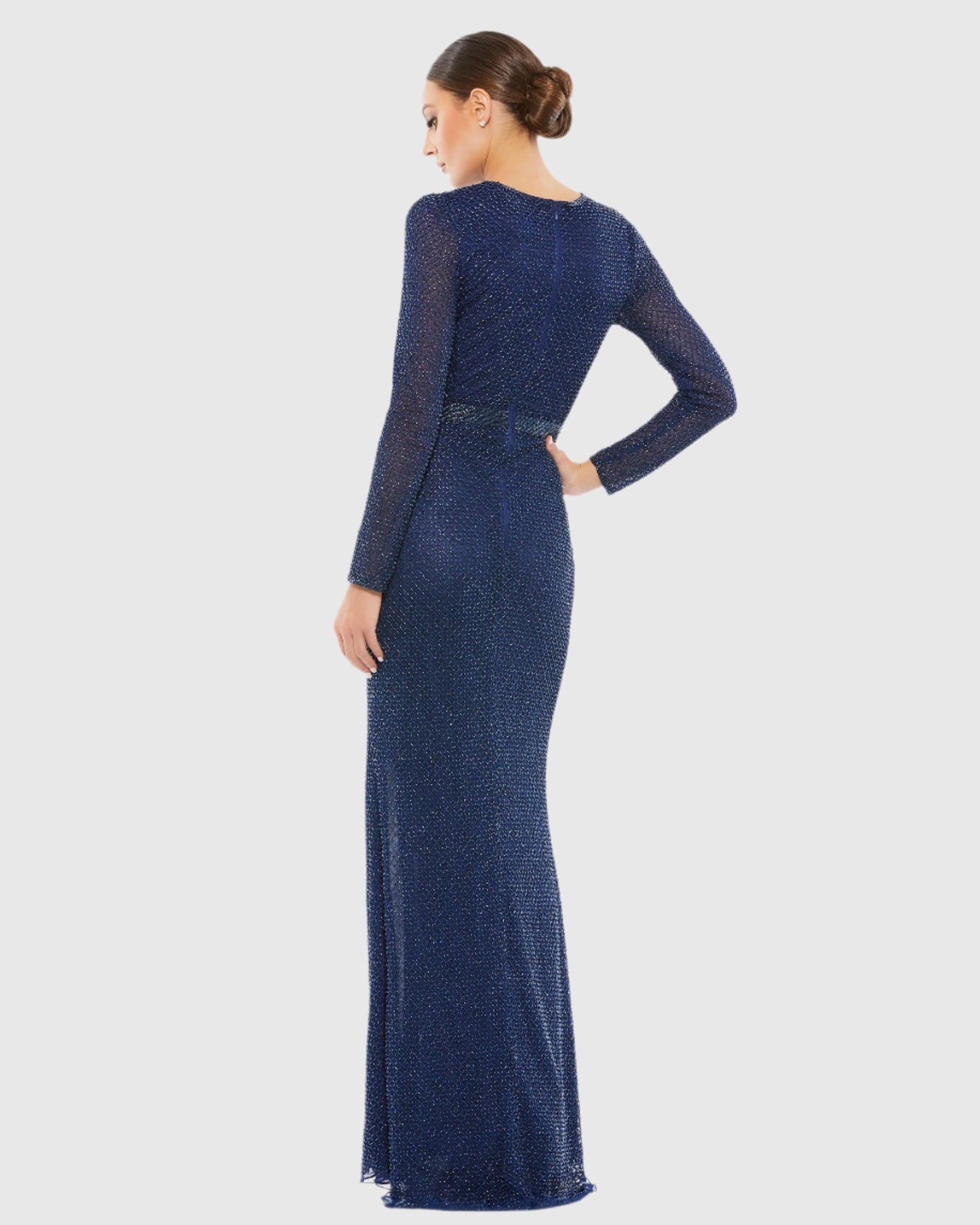 Beaded High Neck Long Sleeve Gown With Detailed Belt