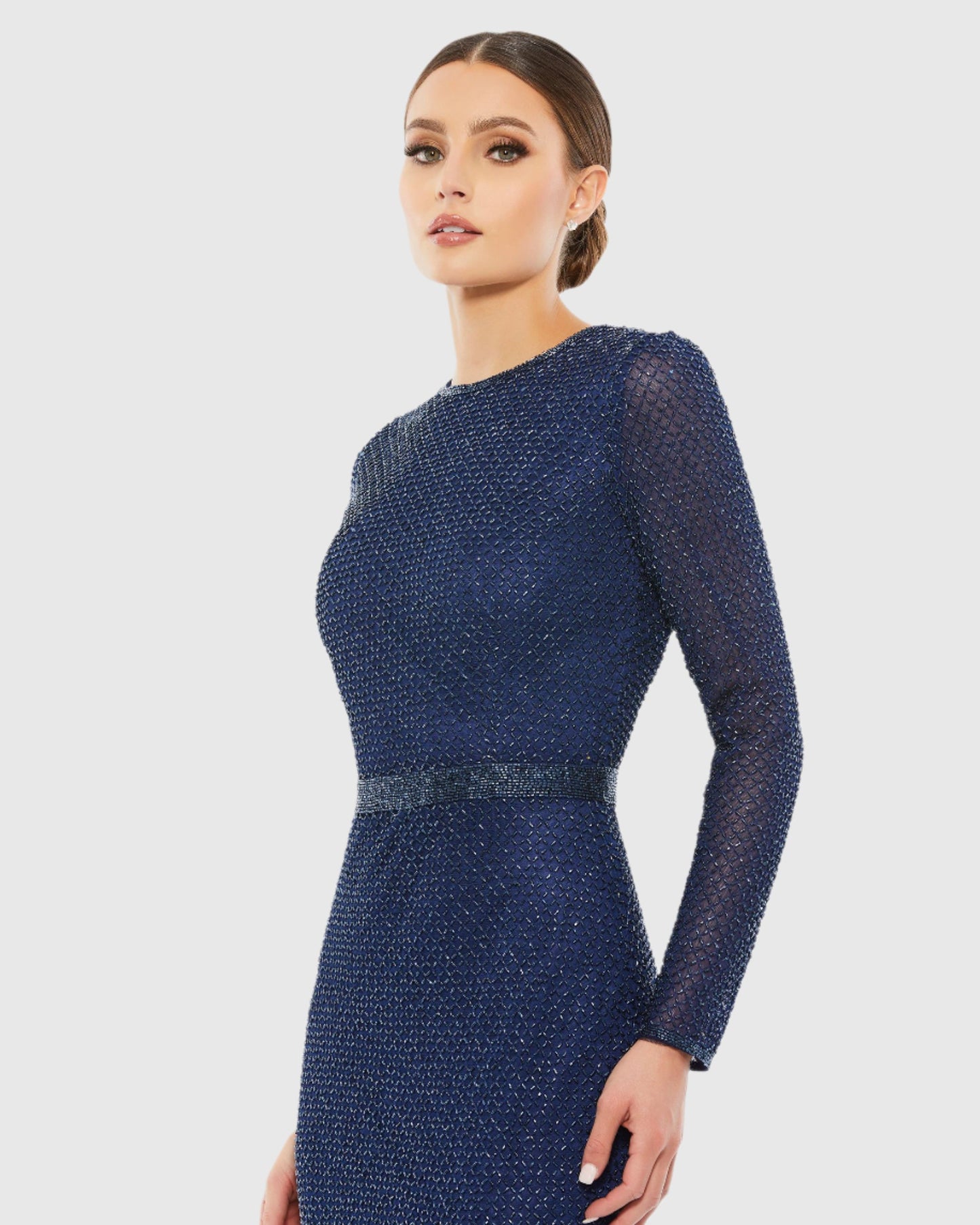 Beaded High Neck Long Sleeve Gown With Detailed Belt