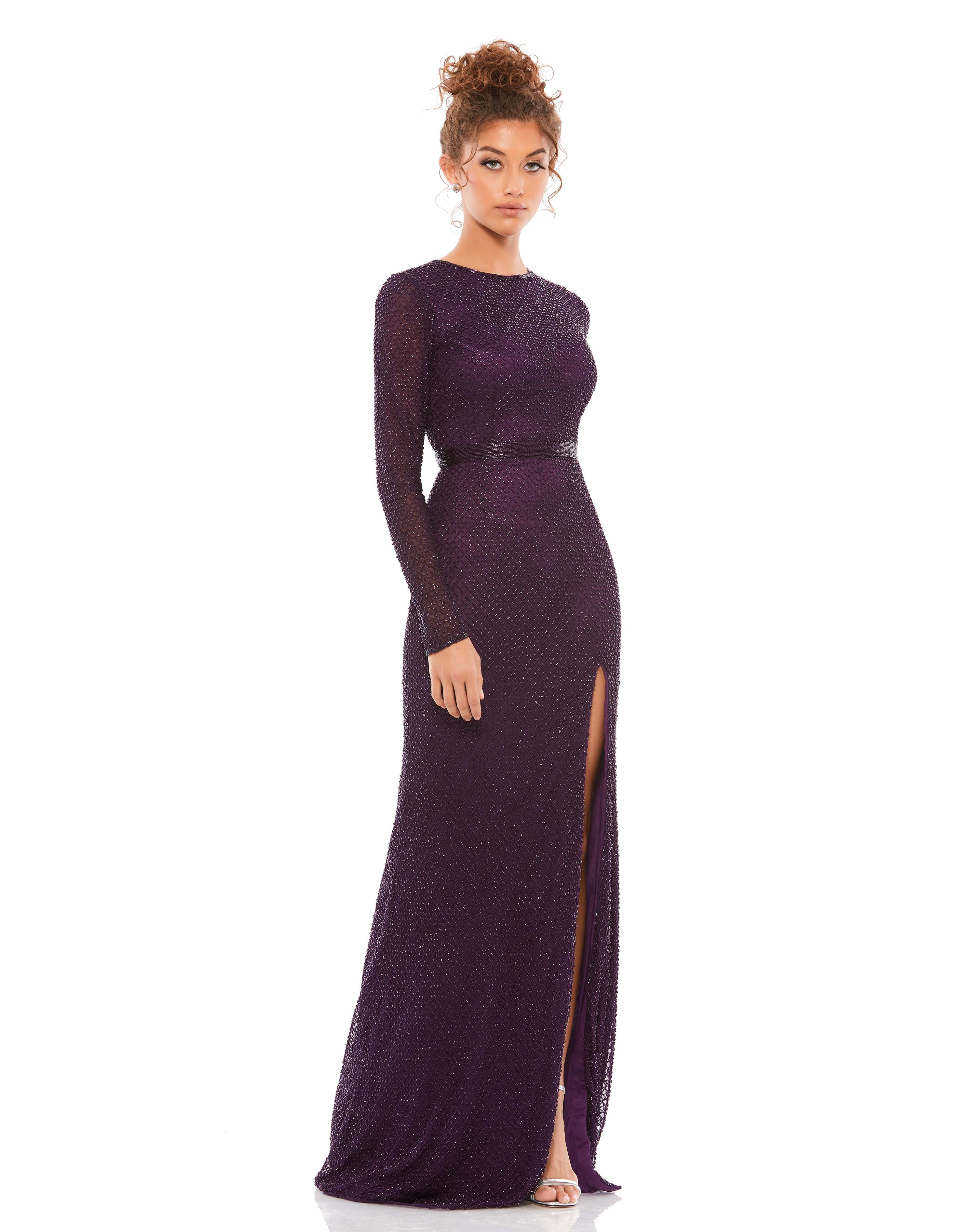 Beaded High Neck Long Sleeve Gown With Detailed Belt