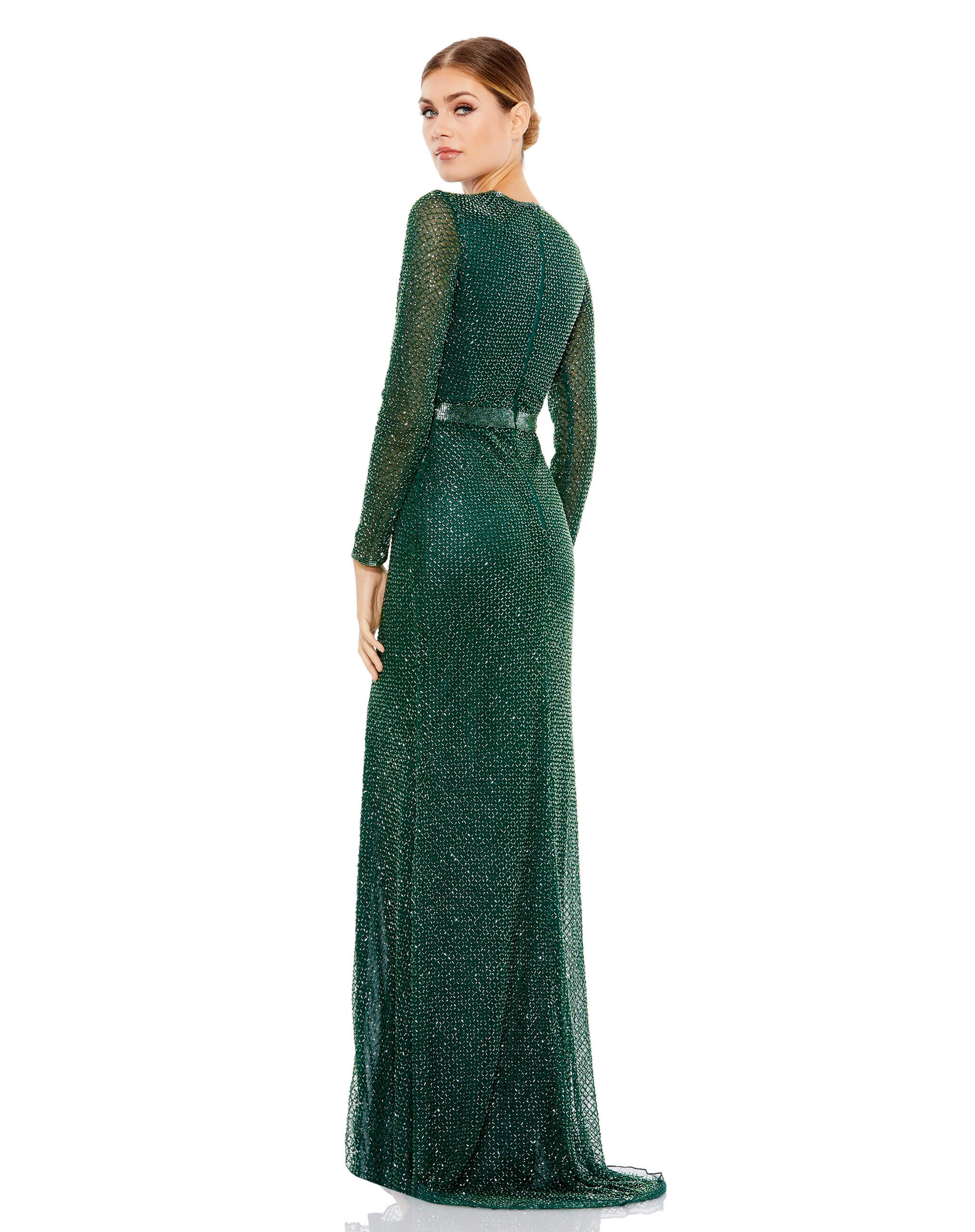 Beaded High Neck Long Sleeve Gown With Detailed Belt