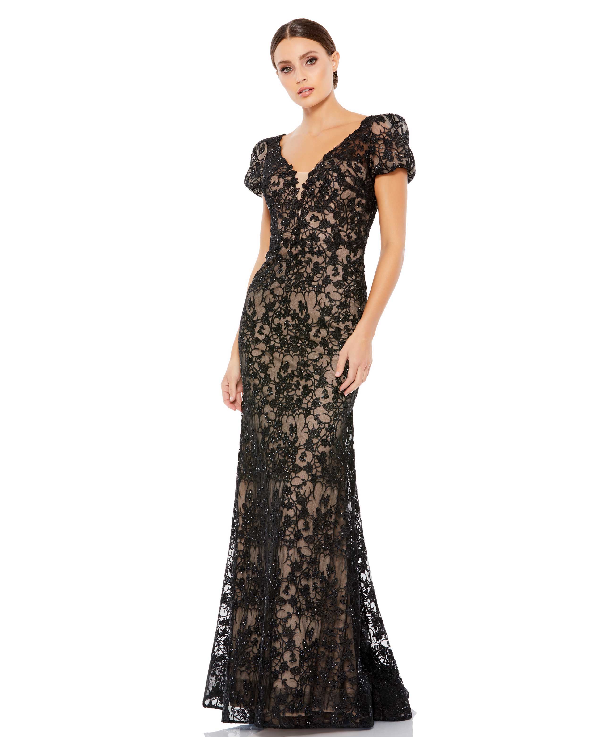 Lace Plunge Neck Short Puff Sleeve Trumpet Gown