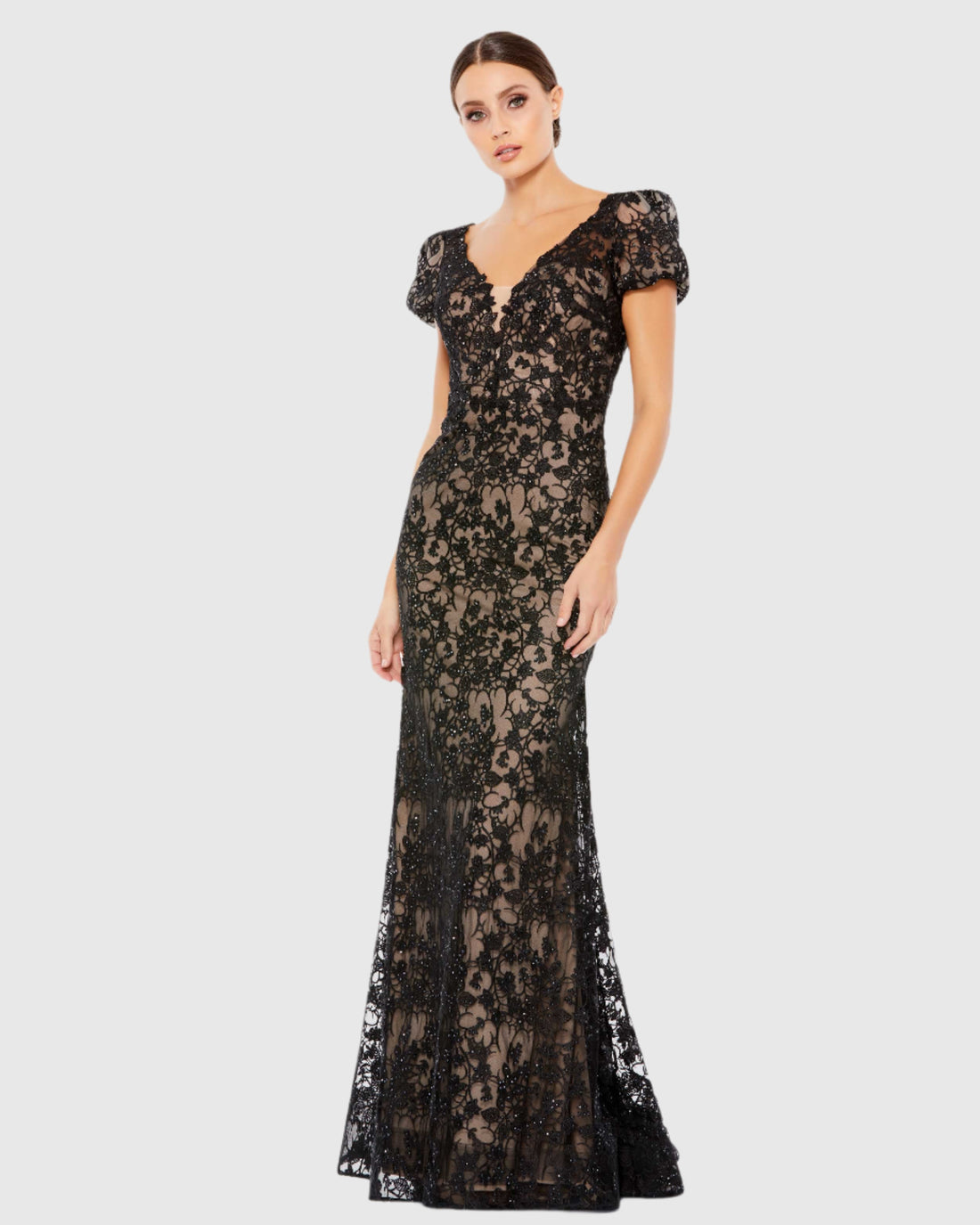 Lace Plunge Neck Short Puff Sleeve Trumpet Gown