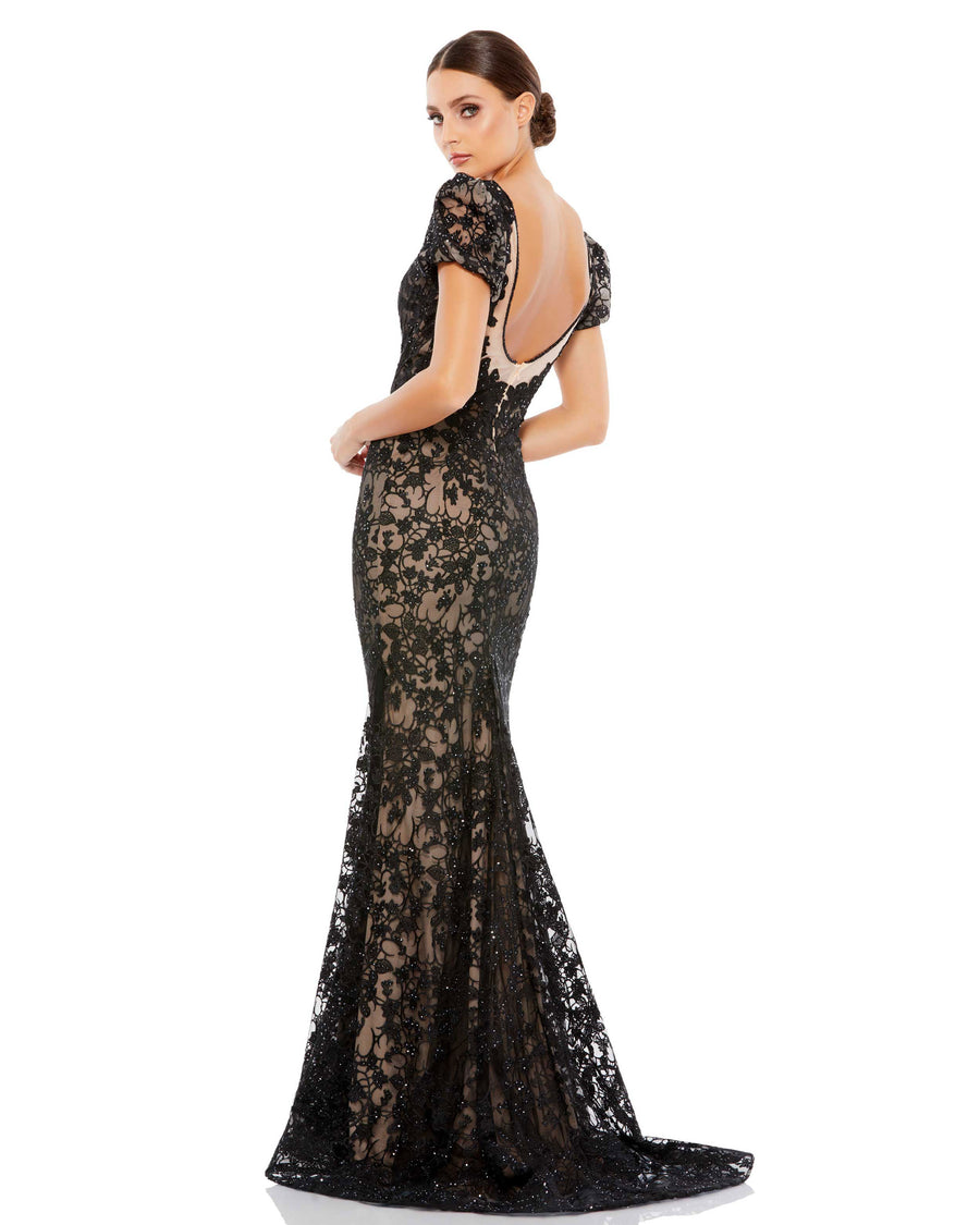 Lace Plunge Neck Short Puff Sleeve Trumpet Gown – Mac Duggal