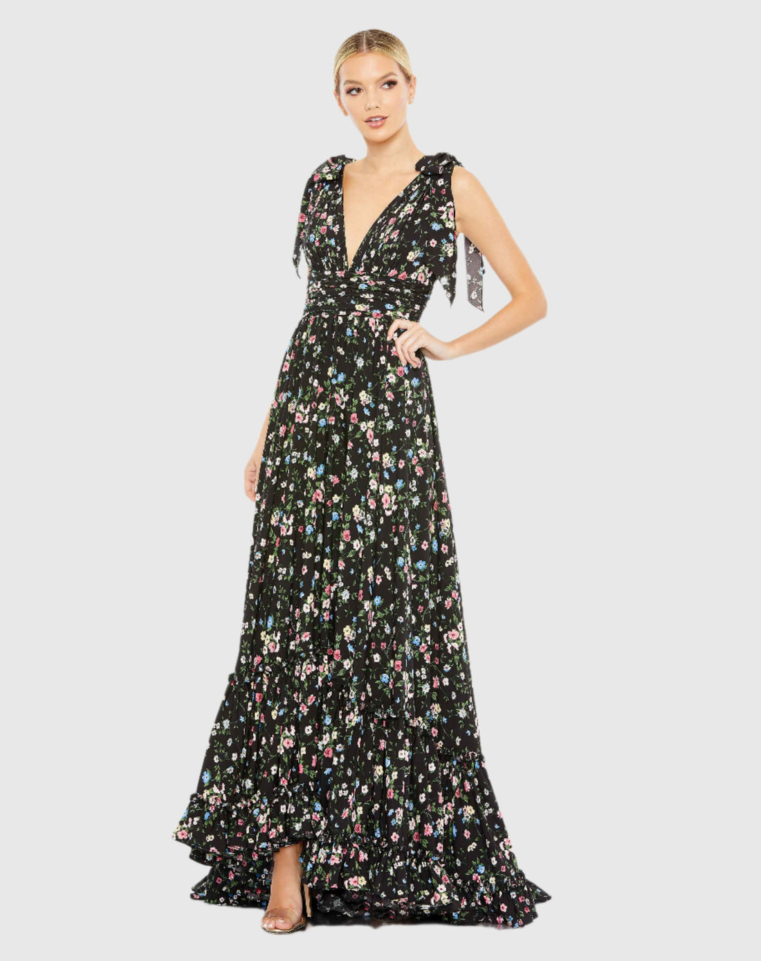 Floral Print Soft Tie Sleeveless Tiered Gown