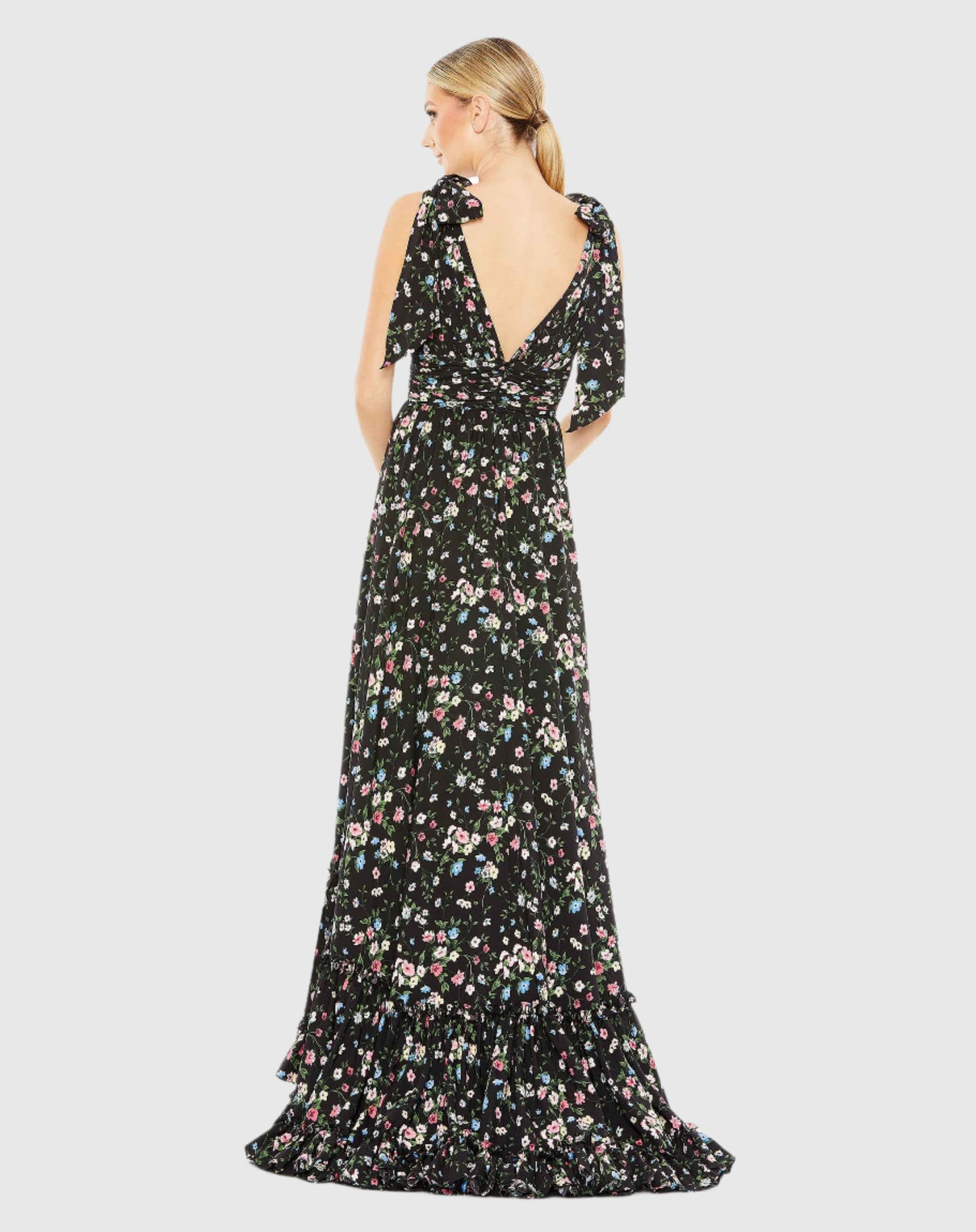 Vestido longo sem mangas com estampa floral e amarração suave