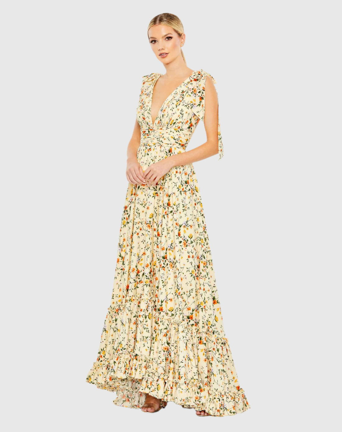 Floral Print Soft Tie Sleeveless Tiered Gown