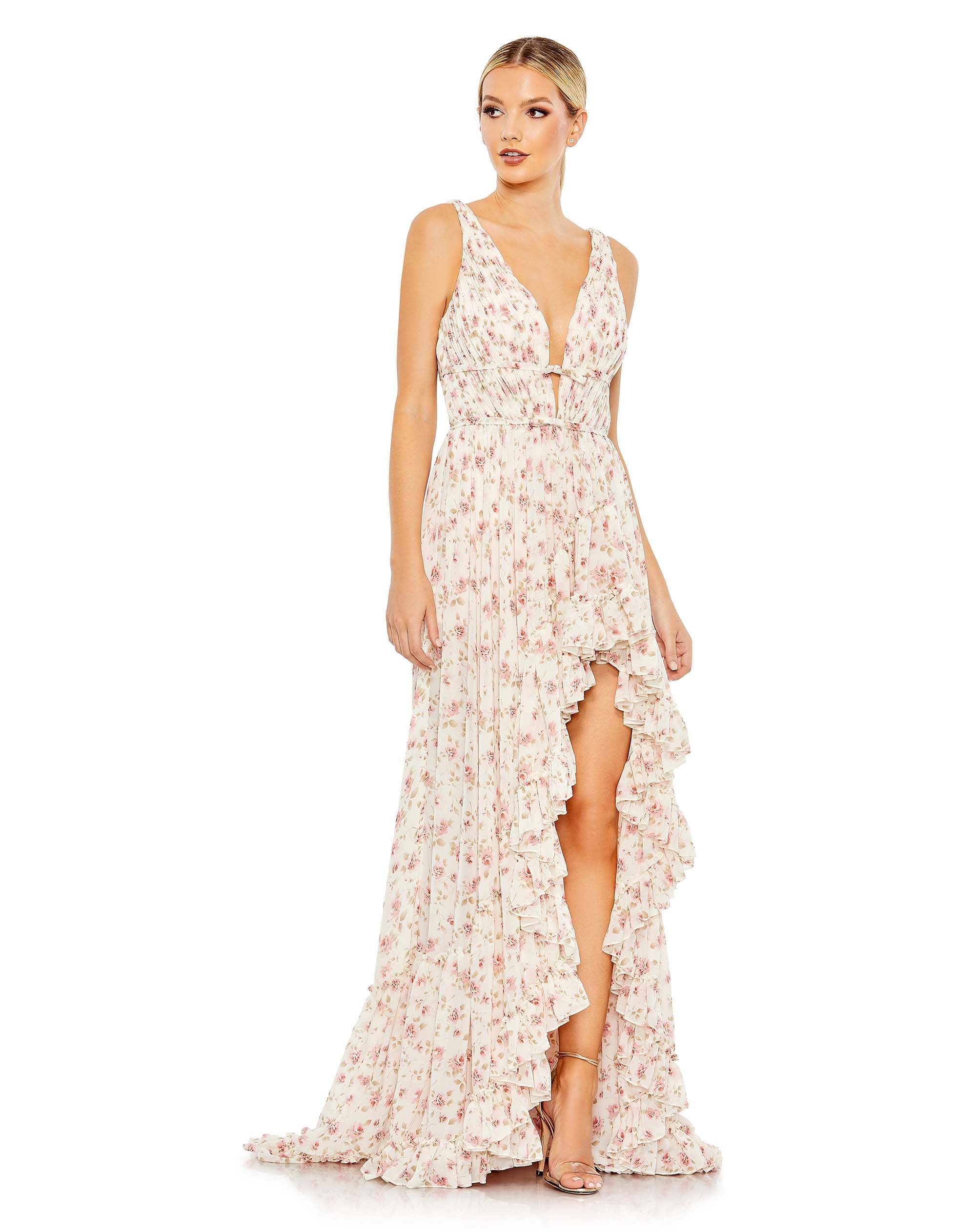Floral Print Sleeveless Ruffled High-Low Gown