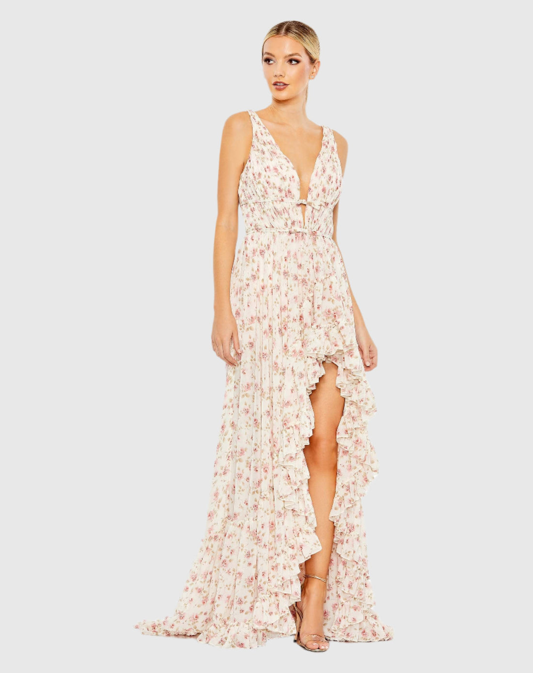 Vestido alto-bajo con volantes, sin mangas y estampado floral