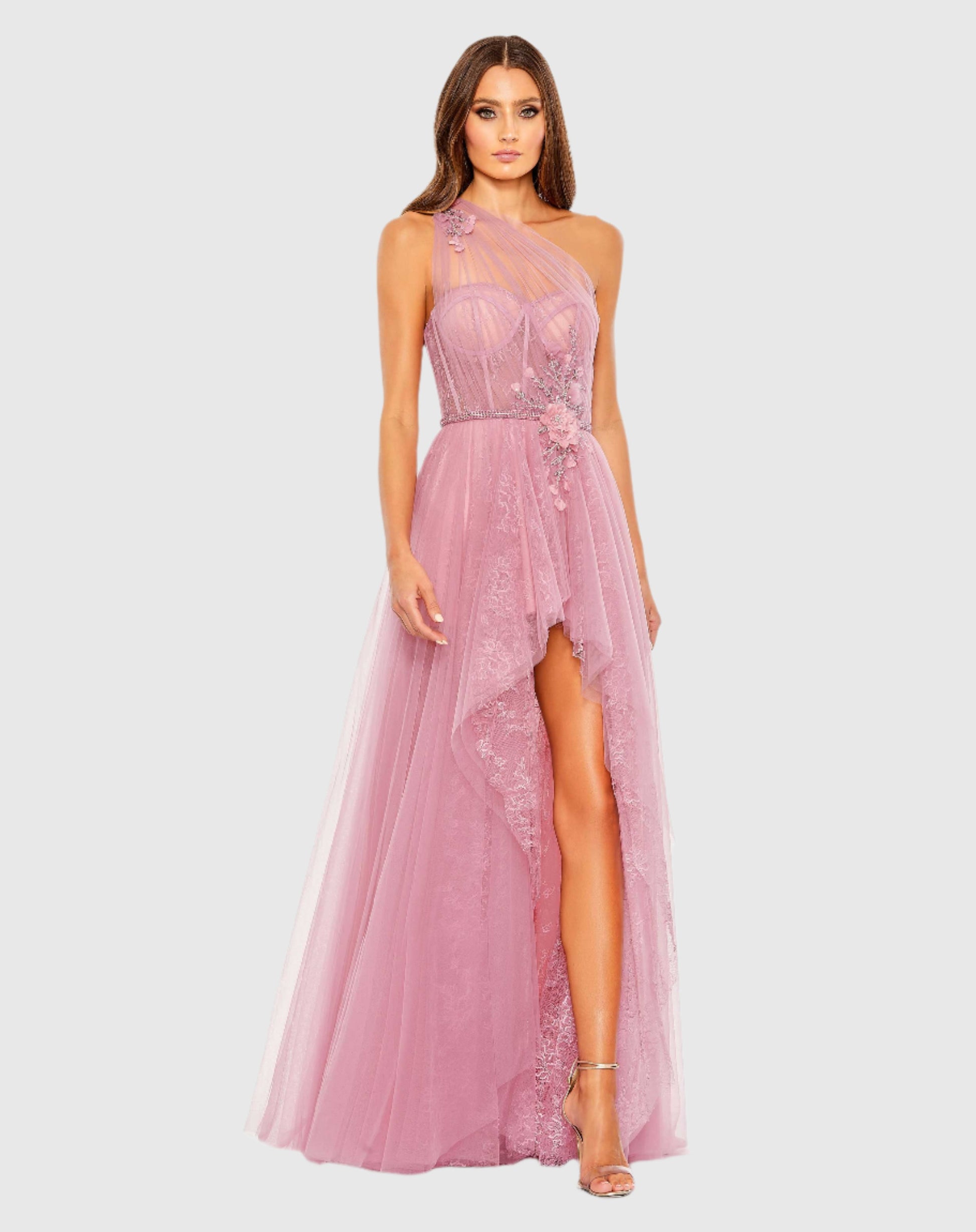 Embellished Tulle One Shoulder High Low Gown