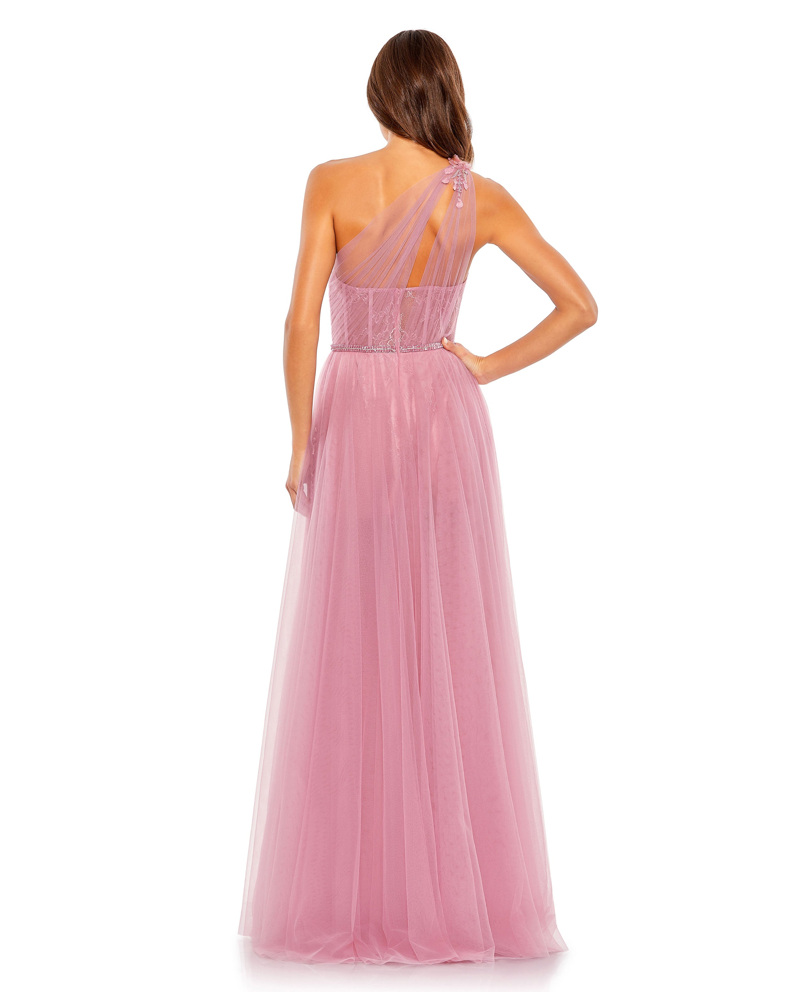 Embellished Tulle One Shoulder High Low Gown