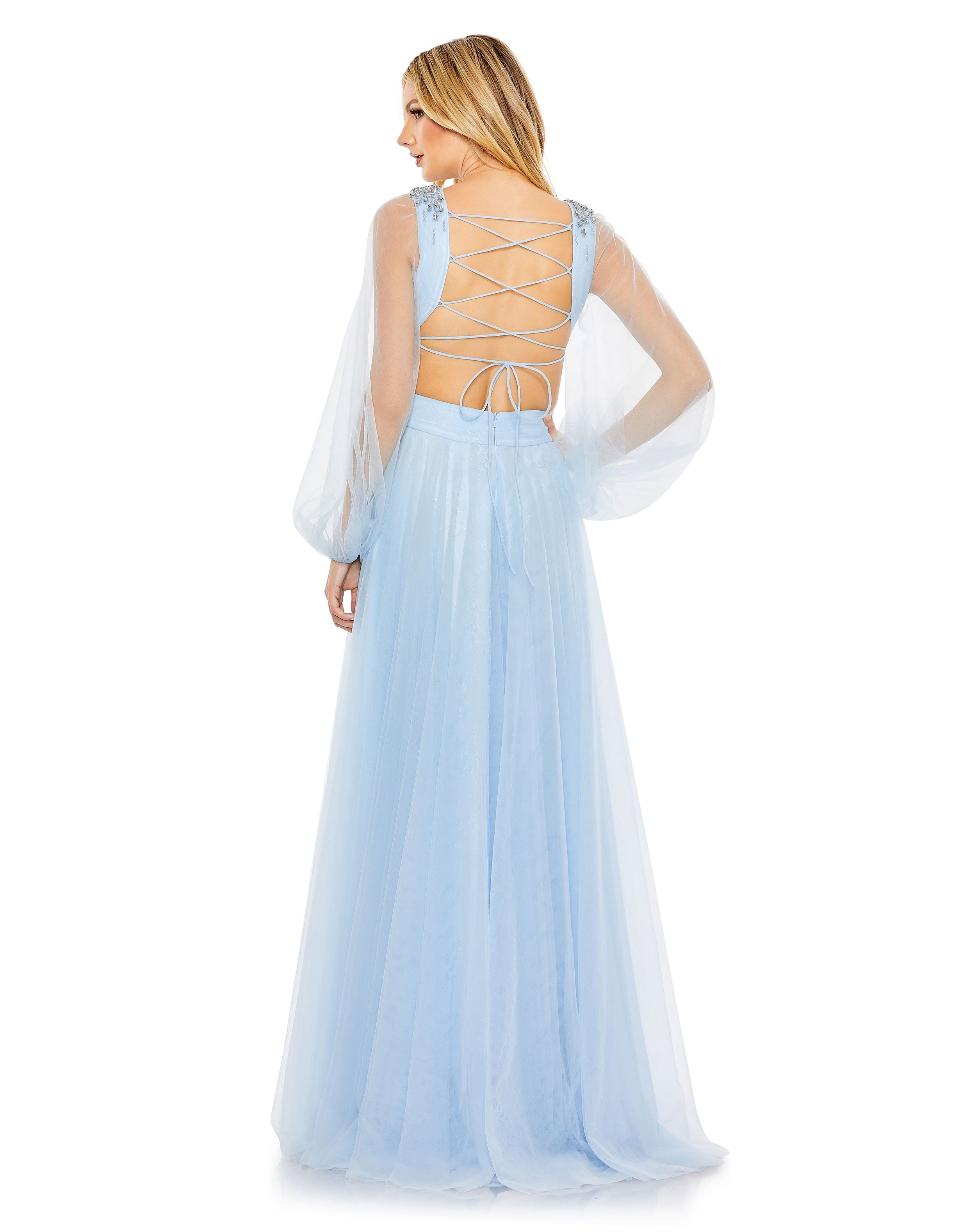 Tulle Puff Sleeve Cut Out Lace Up A Line Gown