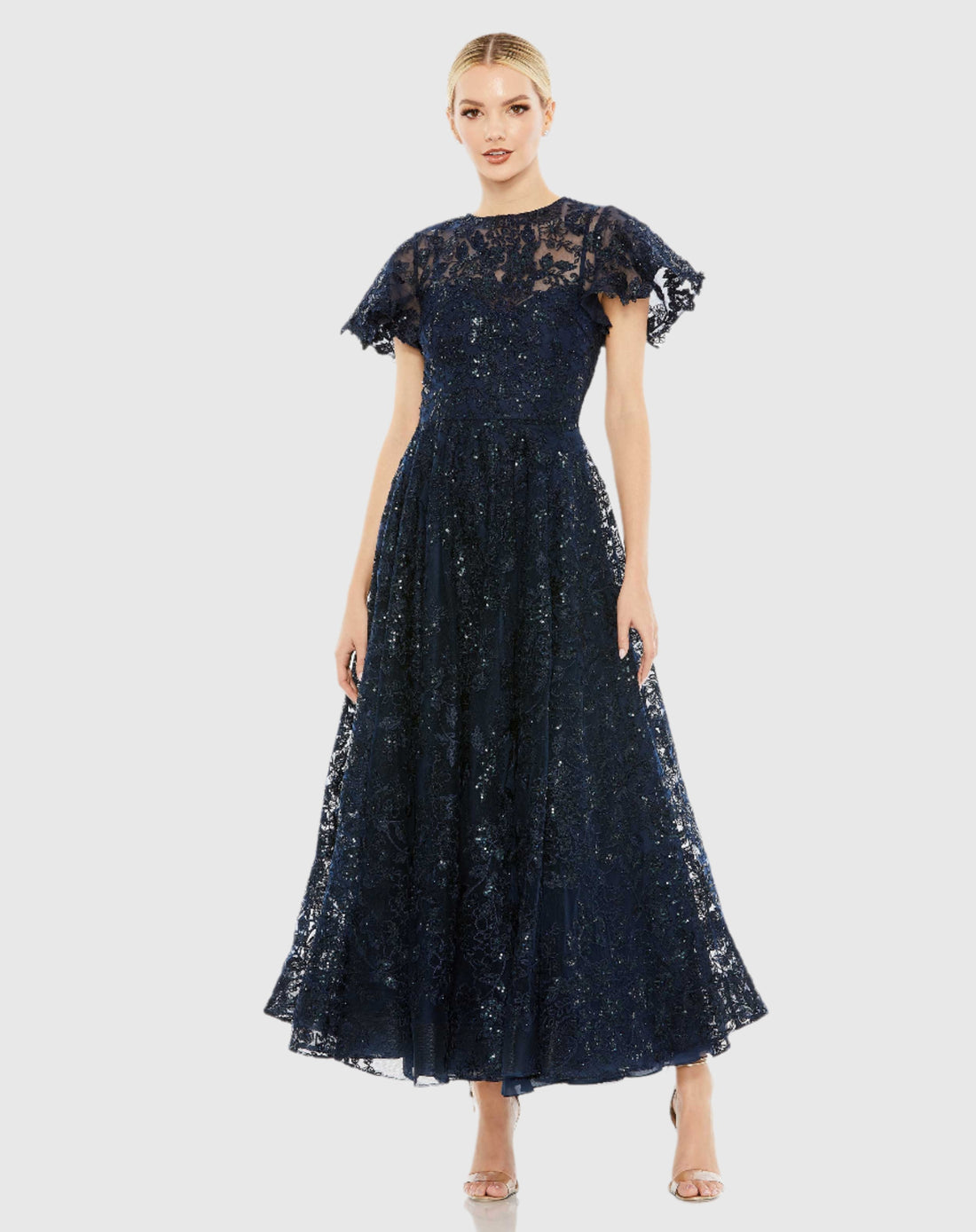 Embroidered High Neck Cap Sleeve A Line Gown