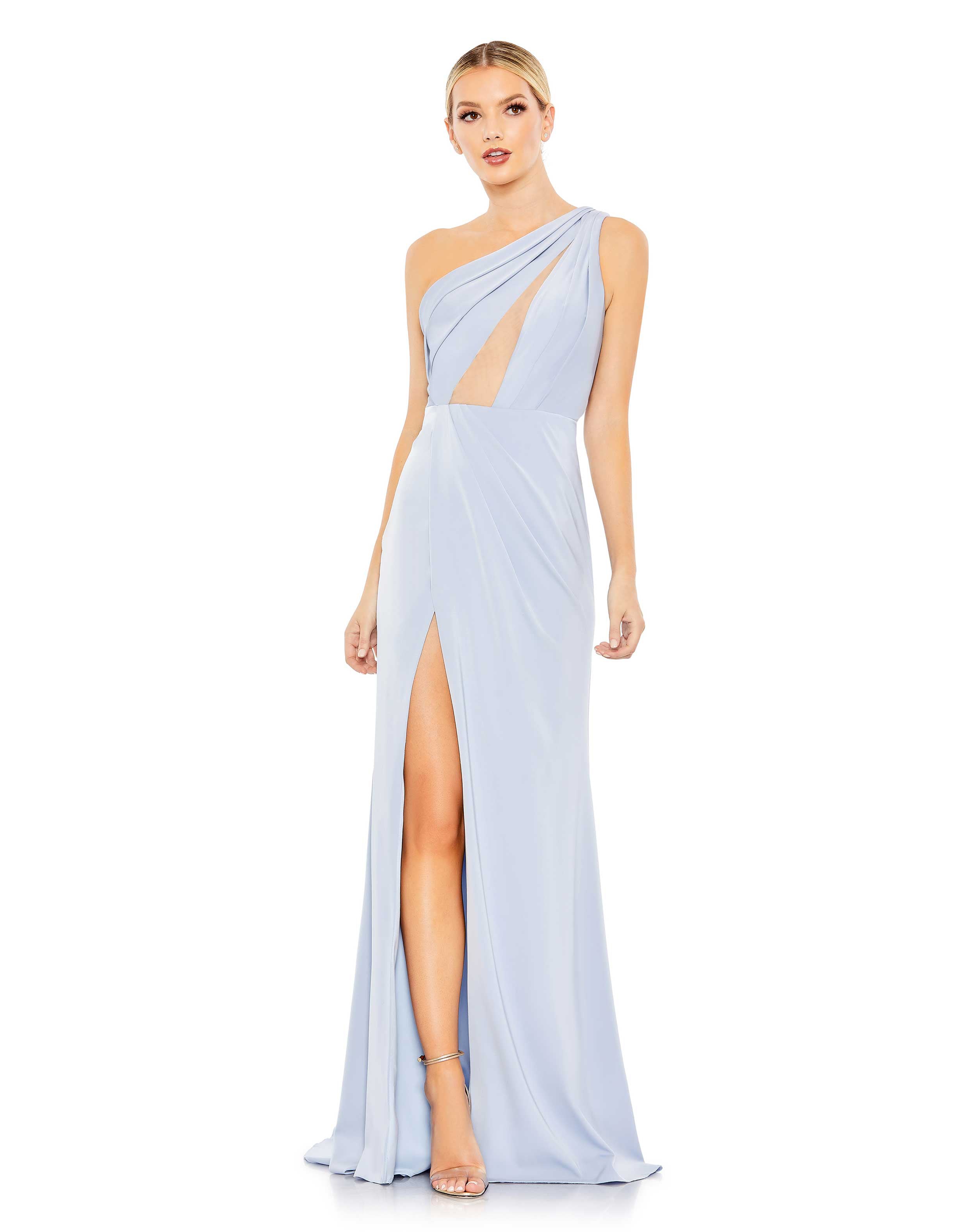 Draped One Shoulder Illusion Cut Out Trumpet Gown