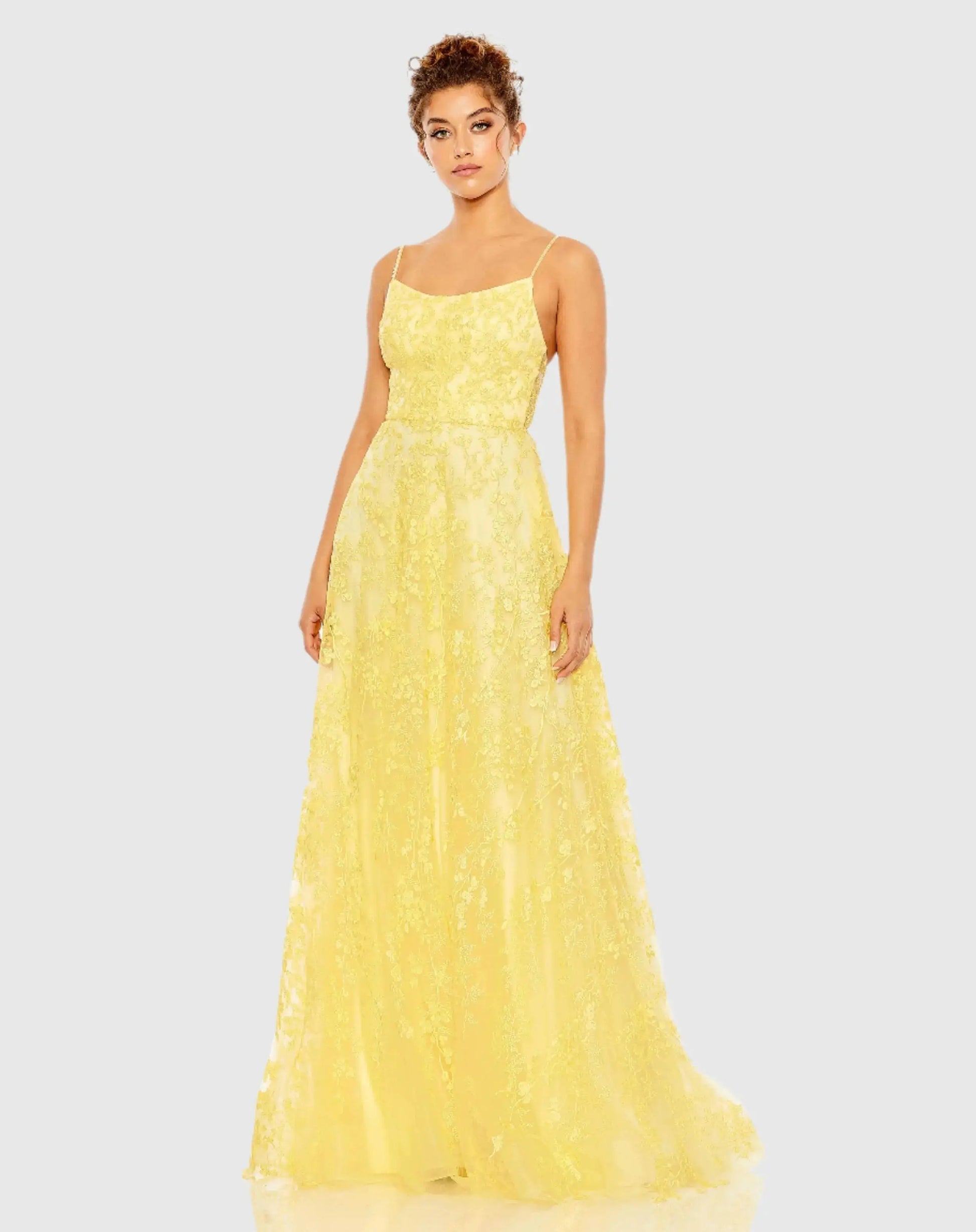 Yellow Floral Applique Cami A Line Gown - Mac Duggal