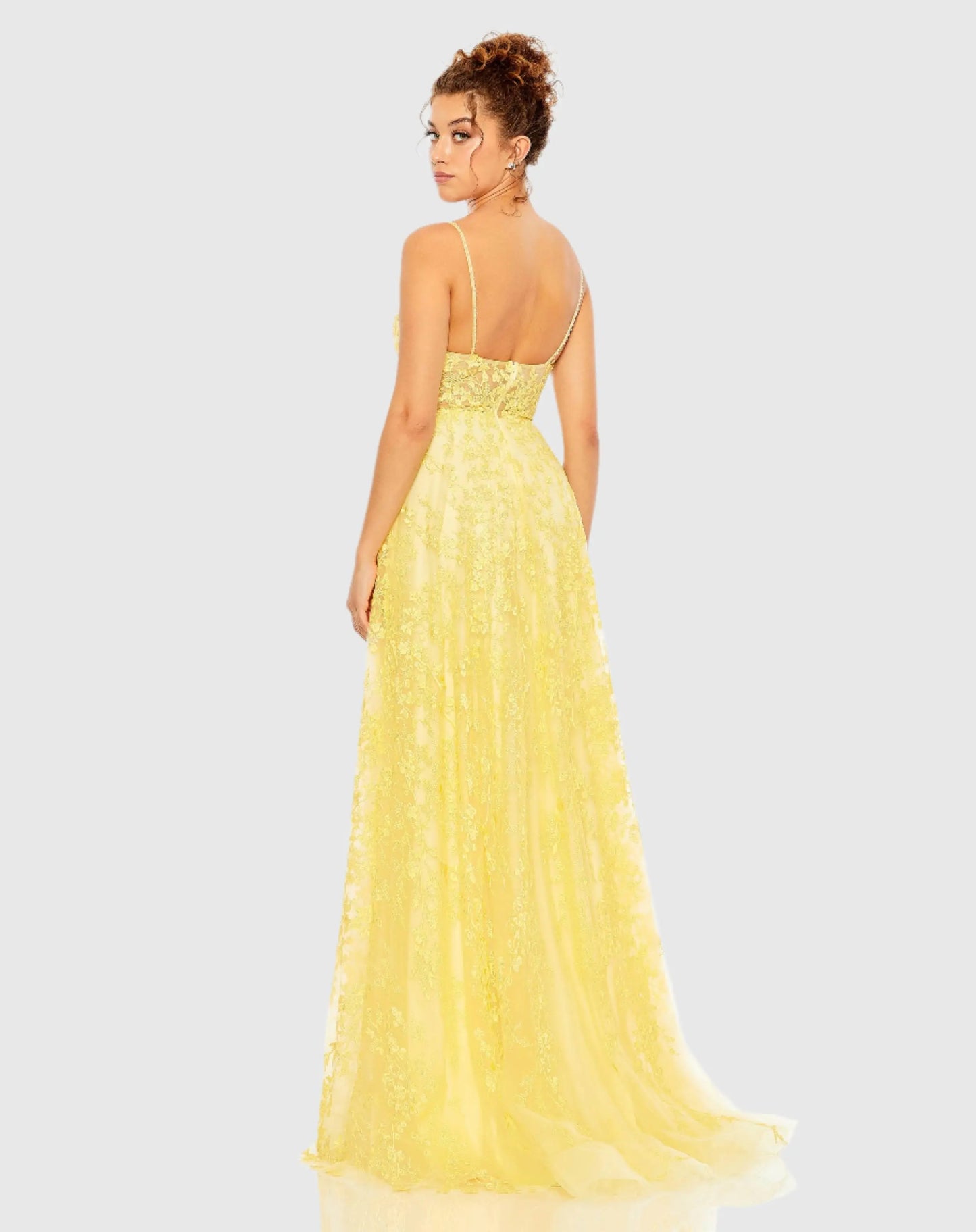 Yellow Floral Applique Cami A Line Gown - Mac Duggal