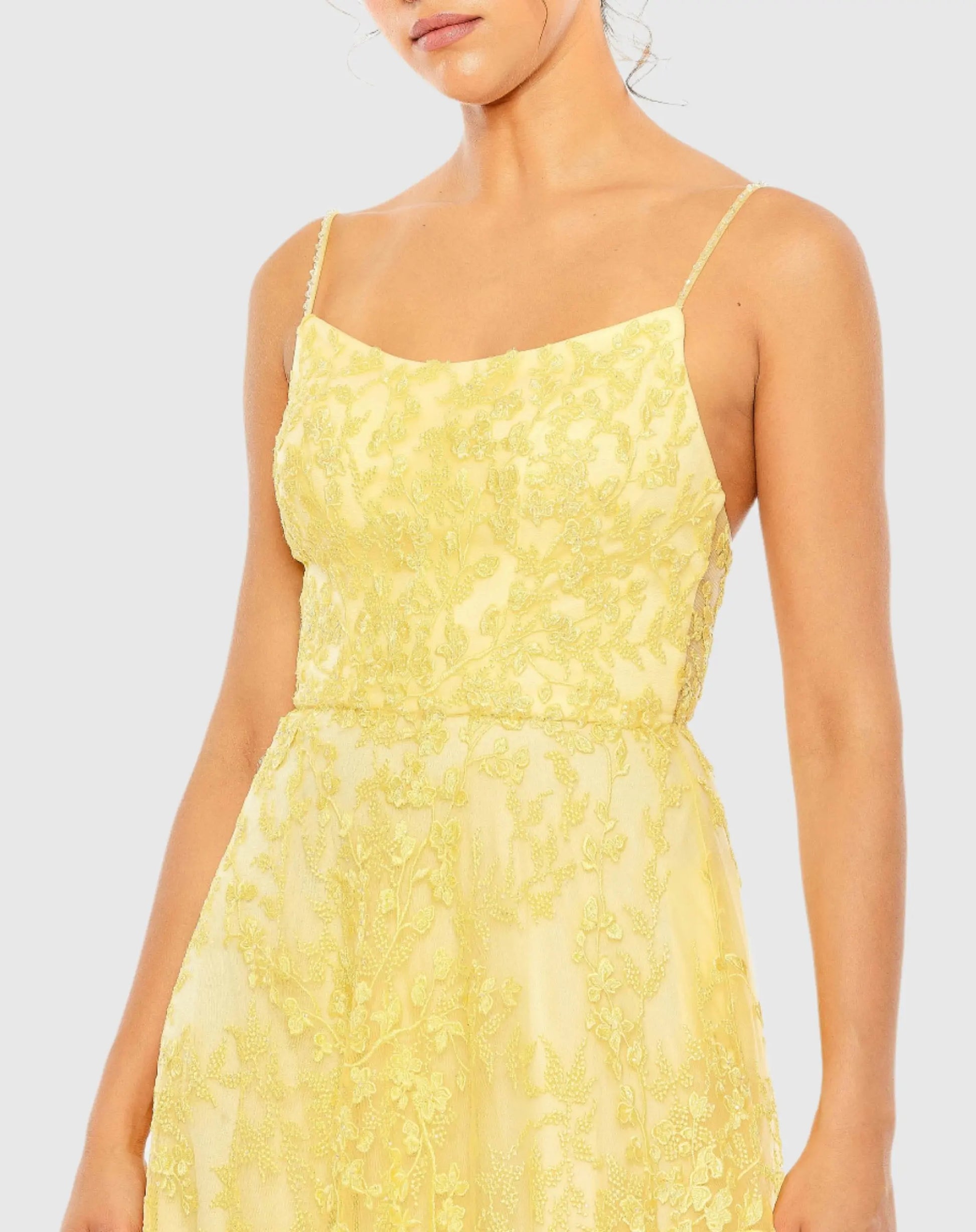 Yellow Floral Applique Cami A Line Gown - Mac Duggal