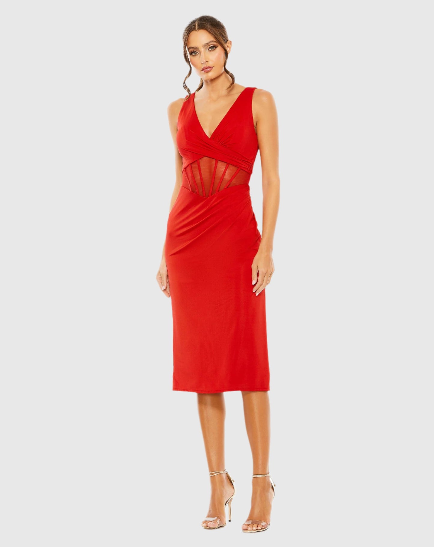 Sheer Mesh Caged Midriff V-Neck Jersey Midi Dress