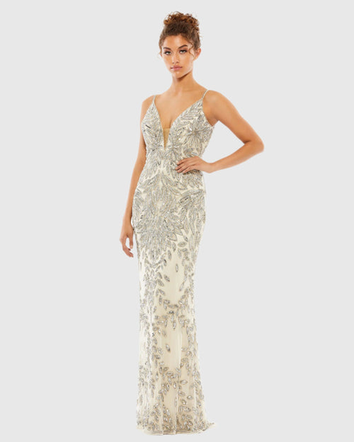 Silver Embellished Leaf Evening Gown